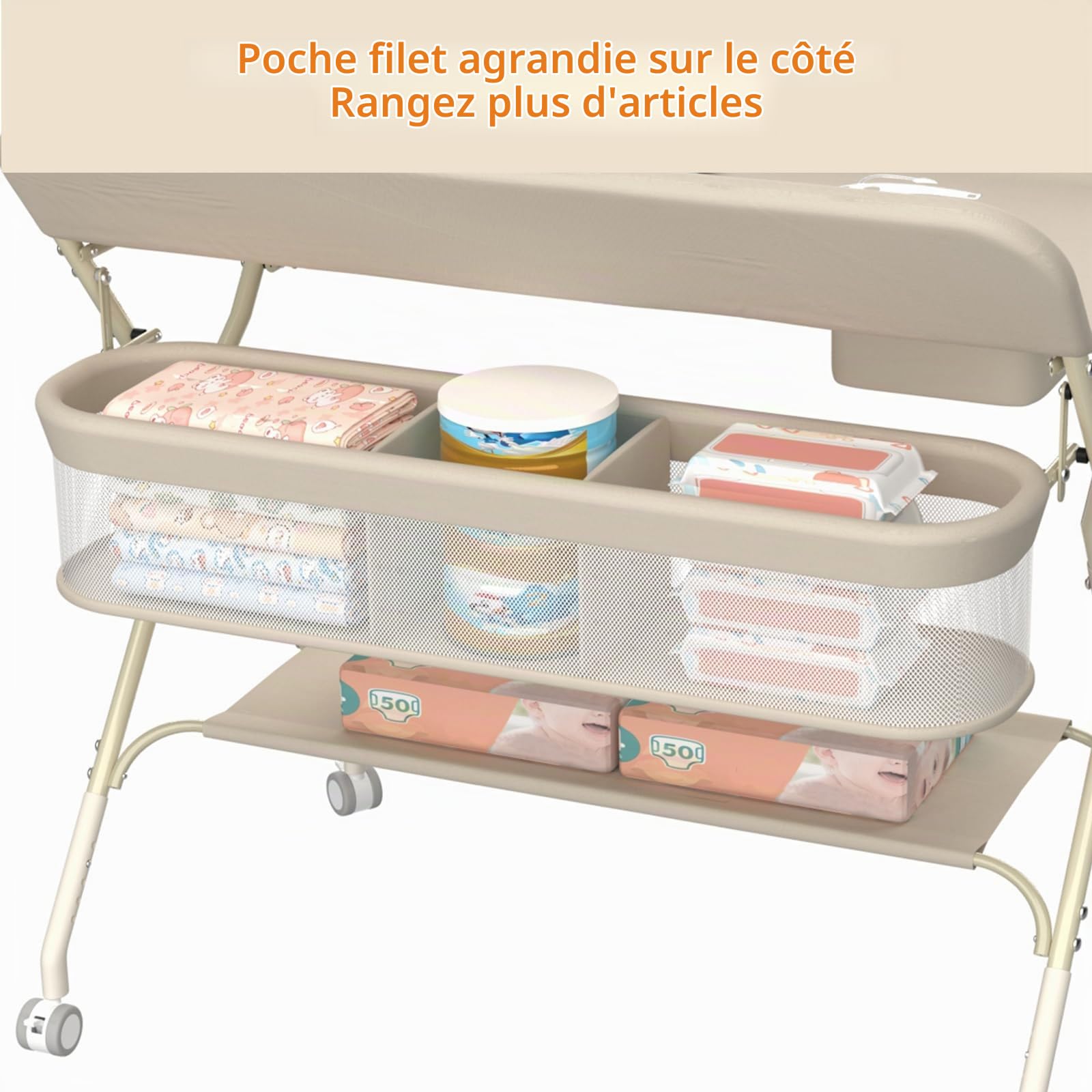 Table a Langer Pliante avec Panier de Rangement,pour Nouveau-né, Charge Max 25KG,Réglable en Hauteur,Table a Langer Bebe avec roulettes,80 * 73 * 86-94 cm (Blanc Laiteux)