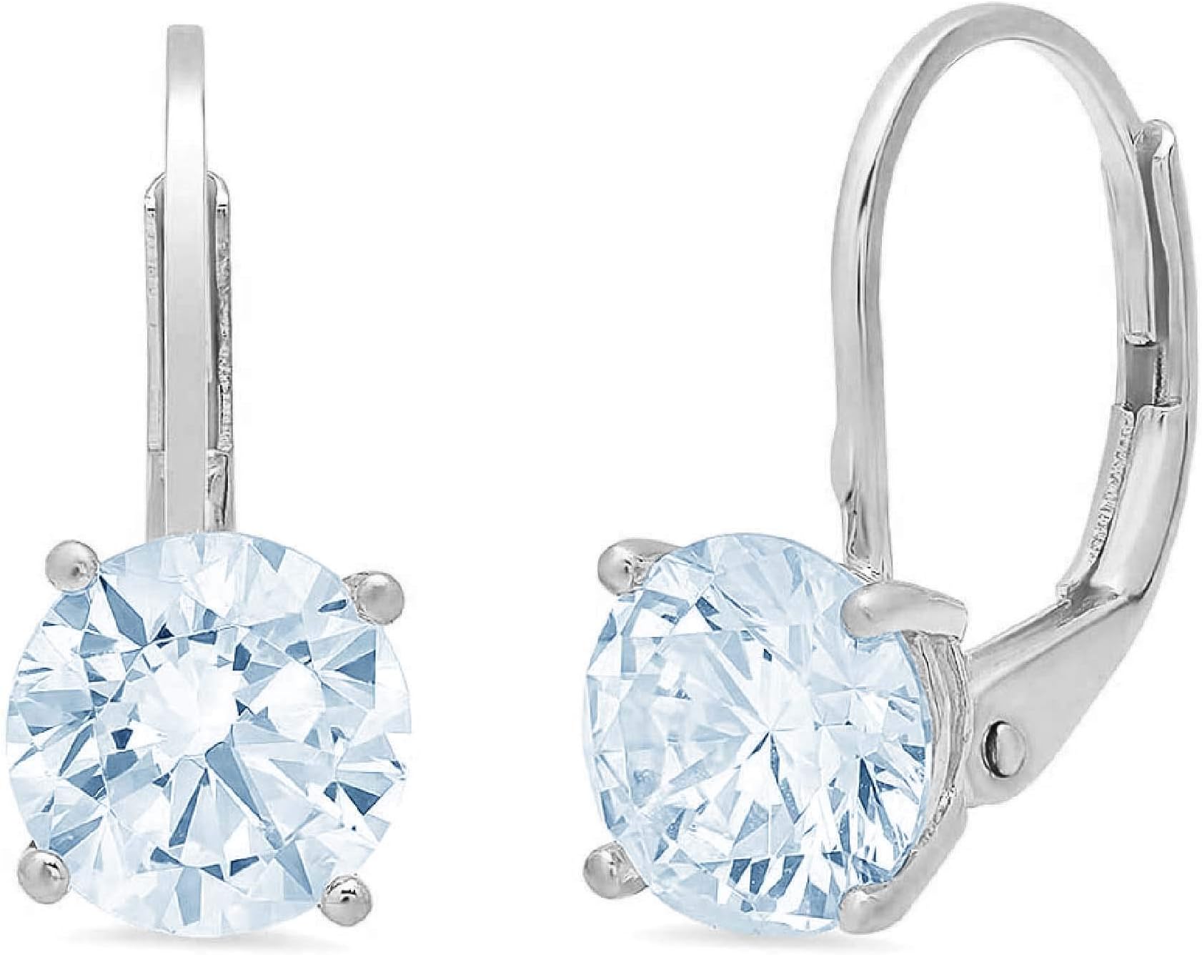 Clara Pucci4.0 ct Round Cut Solitaire Aquamarine Blue Simulated Diamond Designer Lever back Drop Dangle Earrings Solid 14k White Gold