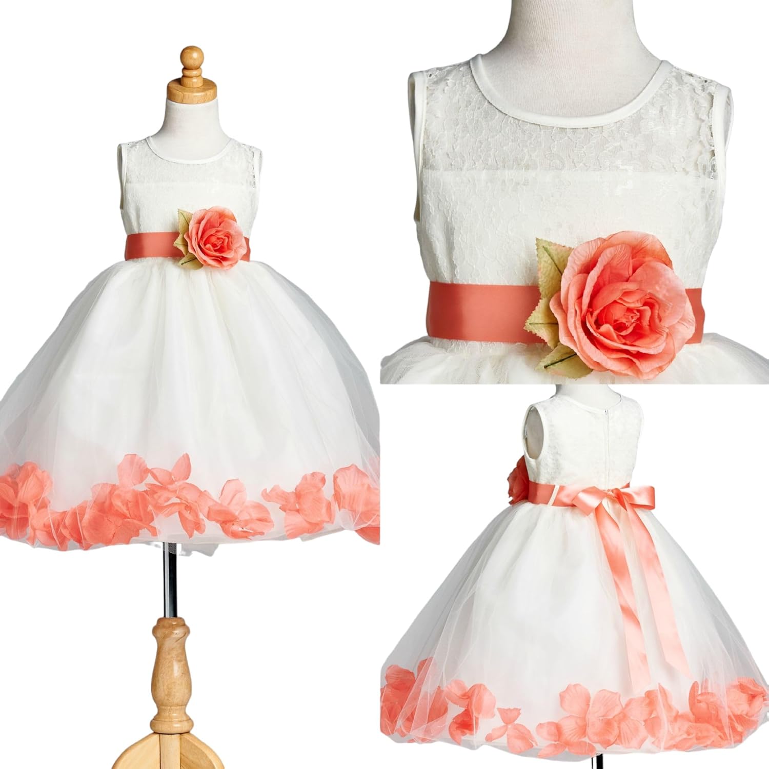 Ivory Lace Rose Petal Tulle Flower Girl Dress Wedding Junior Toddler