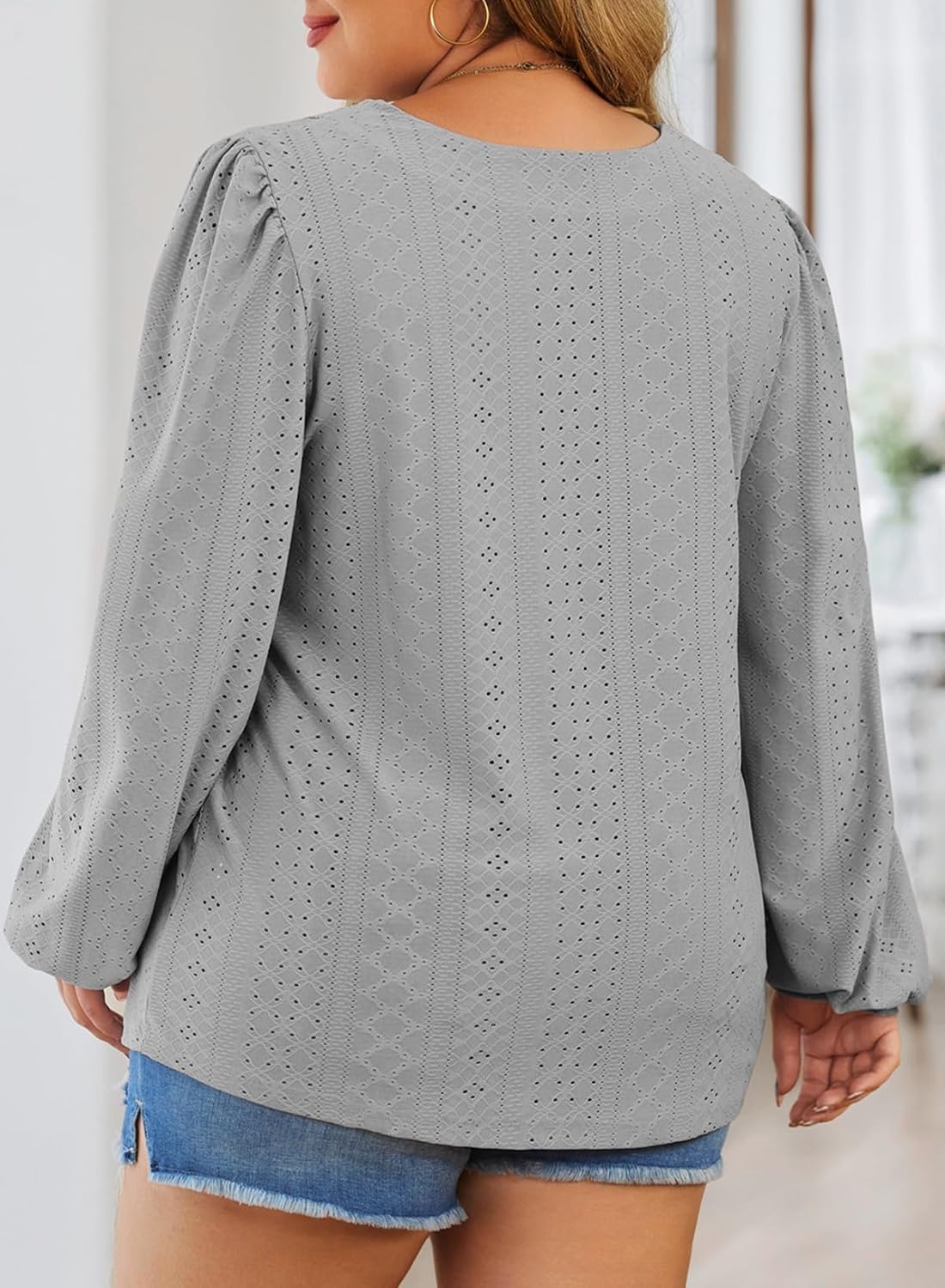 Eytino Womens Plus Size Tops Lantern Long Sleeve Lace V Neck Dressy Casual Blouse Loose Tunic Shirts(1X-5X) - Image 2