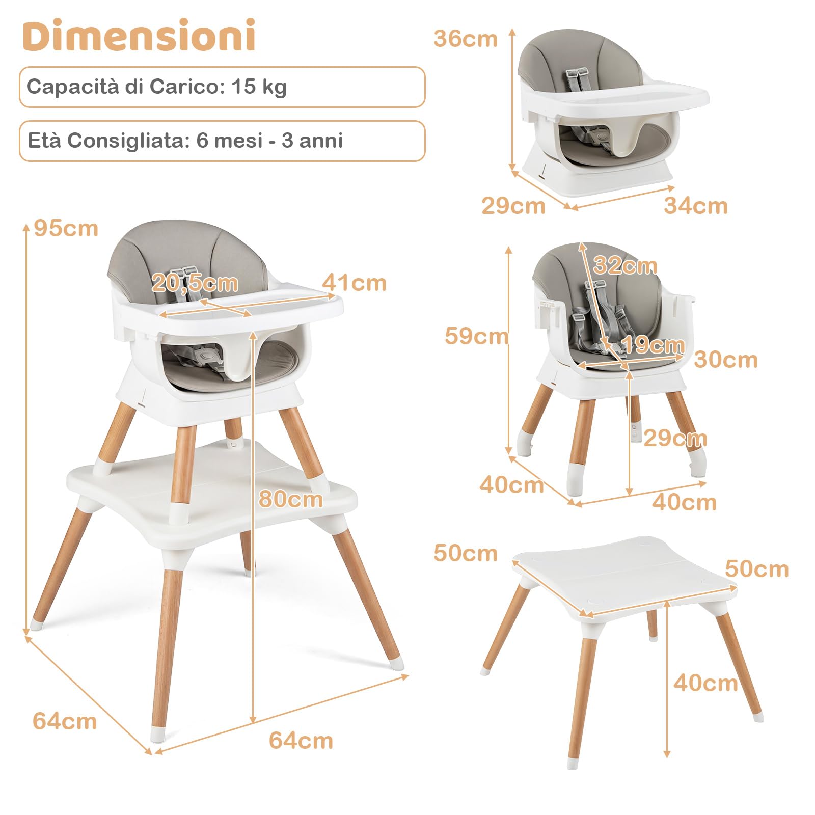 COSTWAY Seggiolone Pappa per Bambini, Seggiolone Convertibile con Cintura e Vassoio Rimovibile, Sedia Evolutiva per Neonati, Telaio in Legno Massello, per Neonati 6-36 Mesi (Grigio Chiaro)