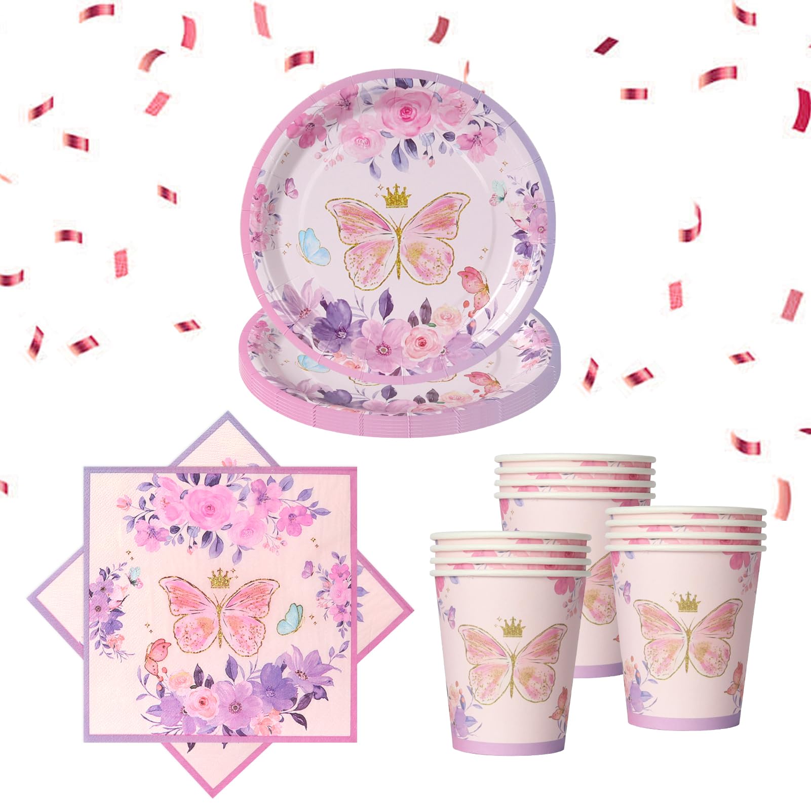 Set 52 pezzi tema farfalle lavanda Piatti, bicchieri e tovaglioli per decorazione compleanno magica con motivi floreali, per 16 ospiti