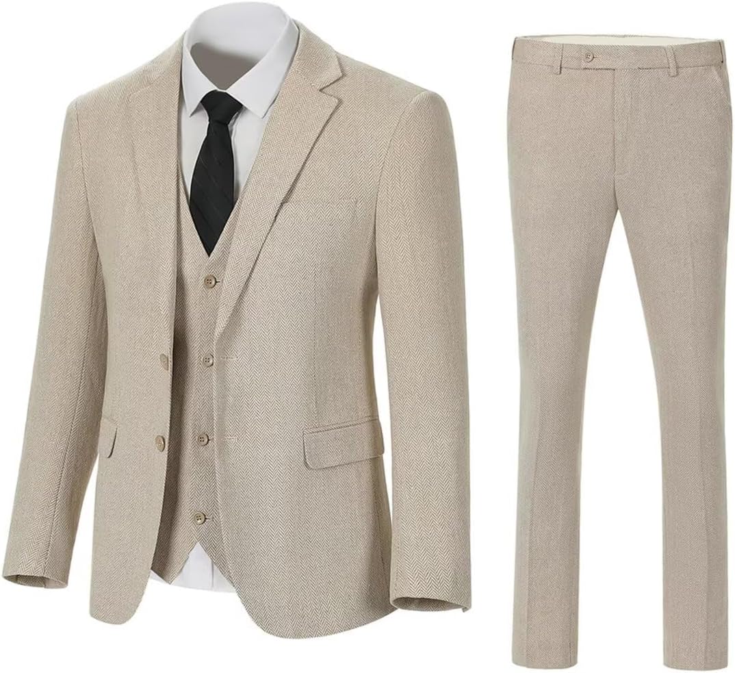 Retro Mens 3 Piece Suit Tweed Herringbone Slim Fit Suits Groomsmen Brown Tuxedos Set Prom Jacket Blazer Vest Pants for Men - Image 5