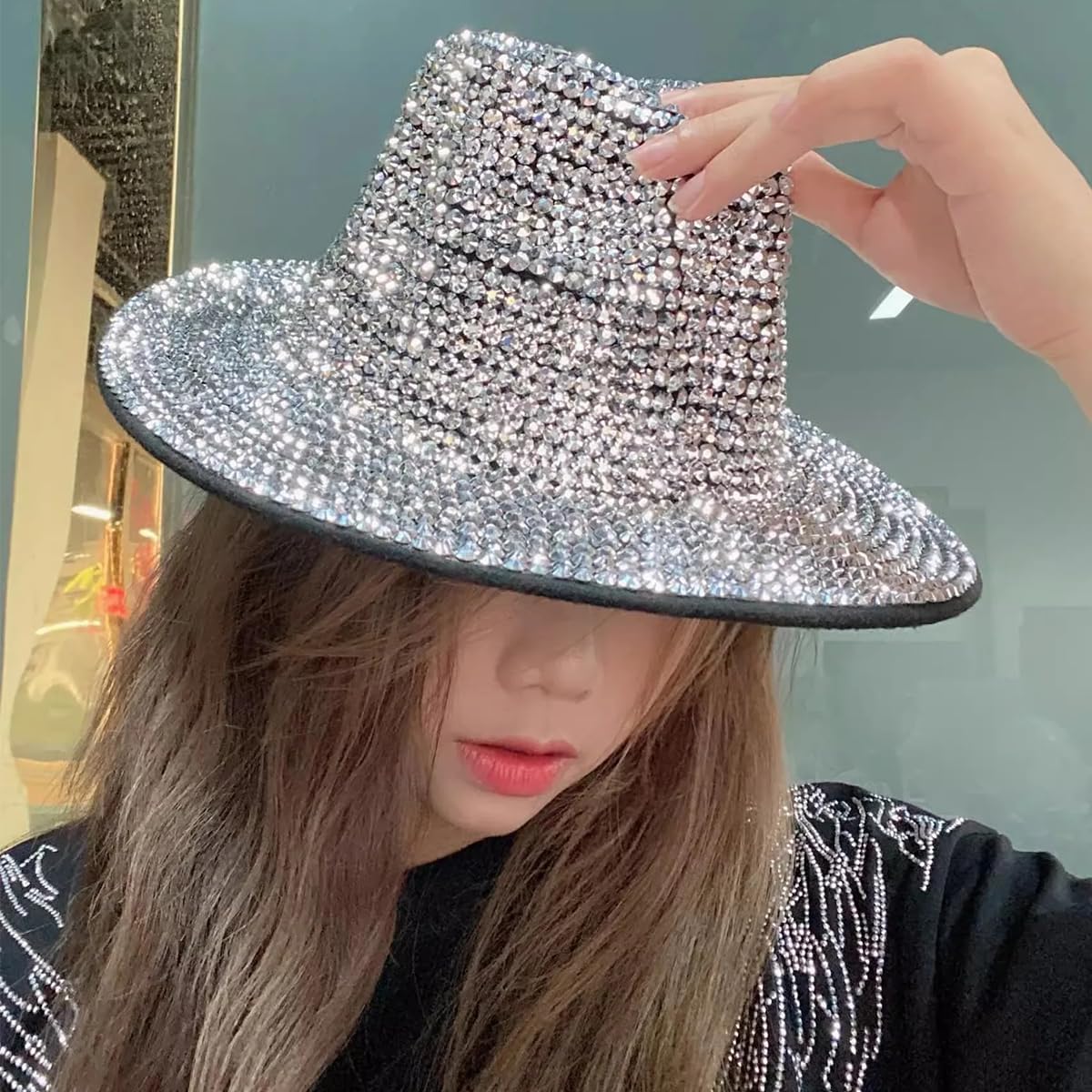 Queenbox Glitter Rhinestone Cowboy Hat, Sequin Fedora Cap for Stage Show Wedding Music Cosplay Party, Blue