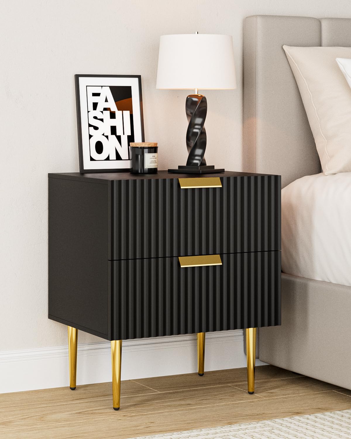 Apetaccat Black Bedside Table, Nightstand with 2 Drawers with Gold Leg, Modern Bedside Table Bedroom Furniture for Living Room or Bedroom, Black