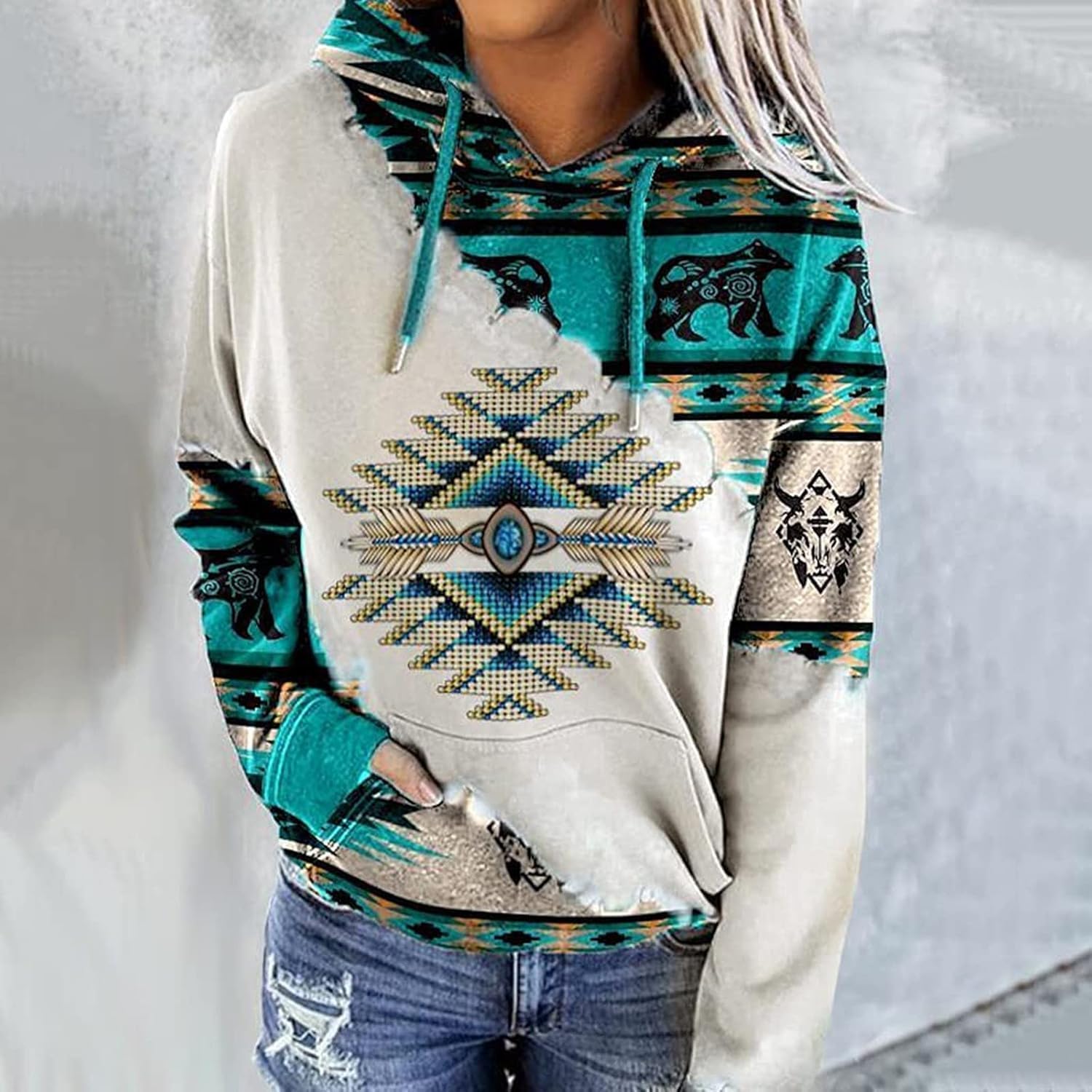 Women's Western Sweatshirt Aztec Hoodie Geometric Ethnic Style Pullover Western Wear Cowgirl Sweatshirts for Women
