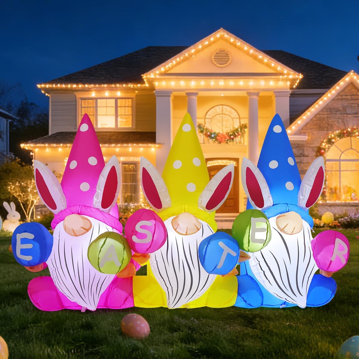 GOOSH 6.4 FT Long Easter Gnome Inflatables Outdoor Decorations Blow Up Yard Cute Gnome Couple Wearing Bunny Hat Holding Eggs with Built-in LED Lights for Easter Party Garden Lawn Holiday Indoor Decor
