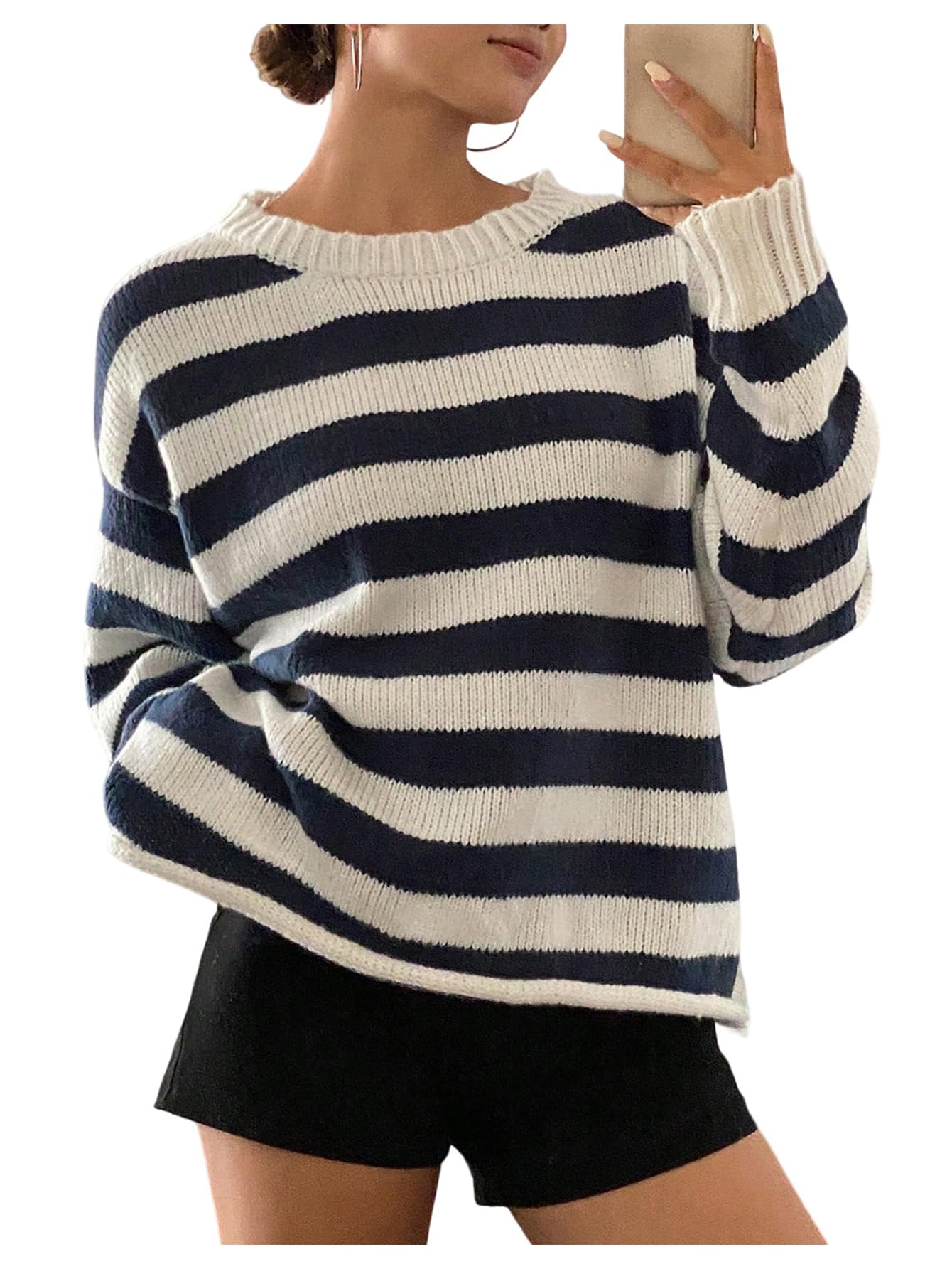 Womens Striped Knit Sweater Crew Neck Loose Fit Jumpers Pullover Sweaters