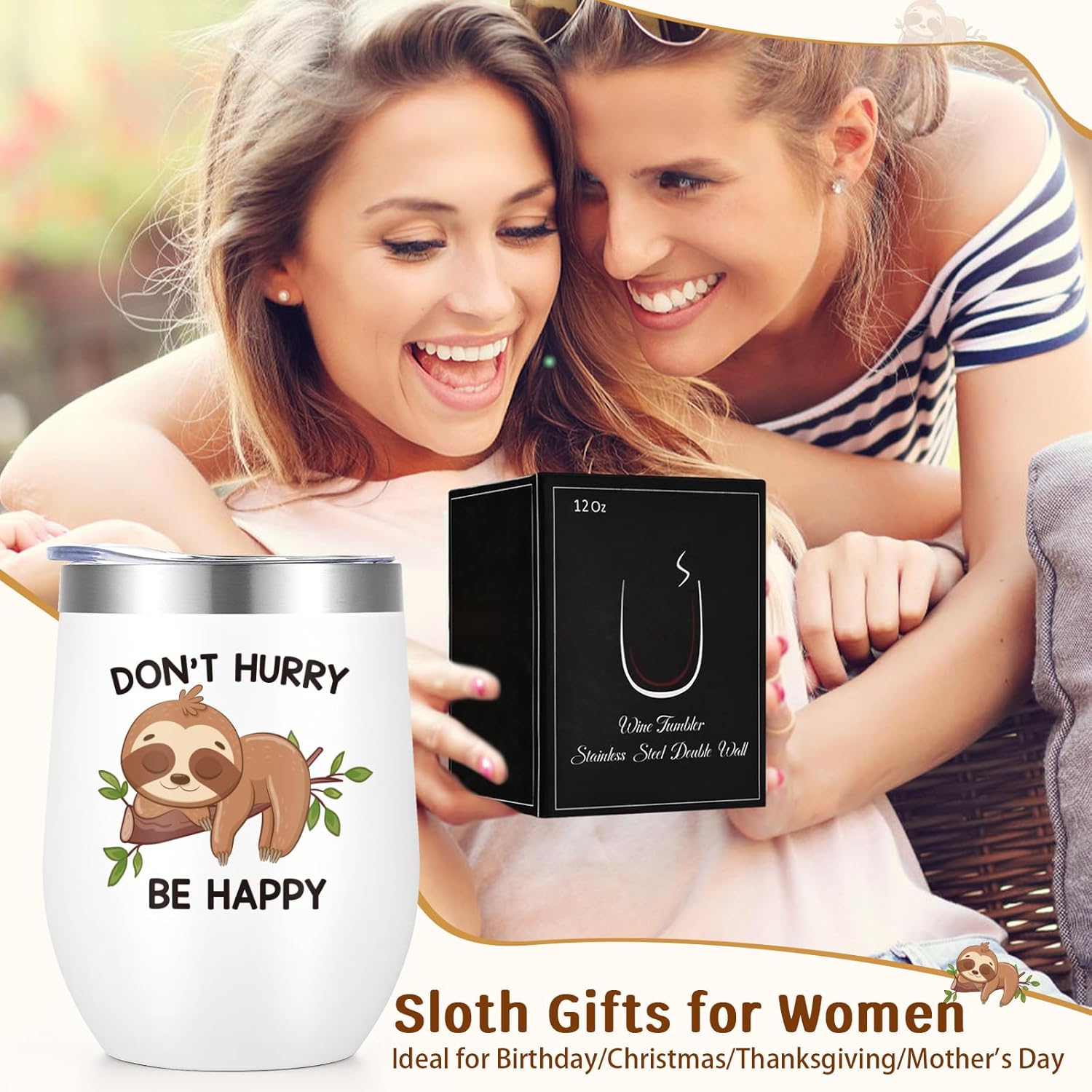Lifecapido Sloth Gifts, Don’t Hurry Be Happy 12oz Insulated Wine Tumbler with Keychain and Stickers, Birthday Christmas Gift, Sloth Gifts for Women, White - Image 2