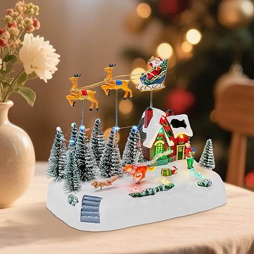 Miniatura 6 de Aldea de Navidad animada con trineo de Papá Noel y renos, aldea de casa iluminada con LED con figuras en movimiento, decoración musical de Navidad