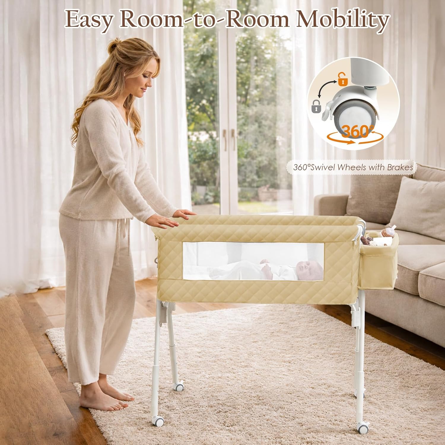 Baby Bassinet Bedside Crib for Newborn, 4-in-1 Baby Bassinet Bedside Sleeper with Mesh & Mattress, Easy Move Crib for Newborns with Lockable Wheels & Storage Basket, 4-Adjustable Height(Khaki) | Bassinet with Wheels, Storage Basket, 4 Height Adjustable