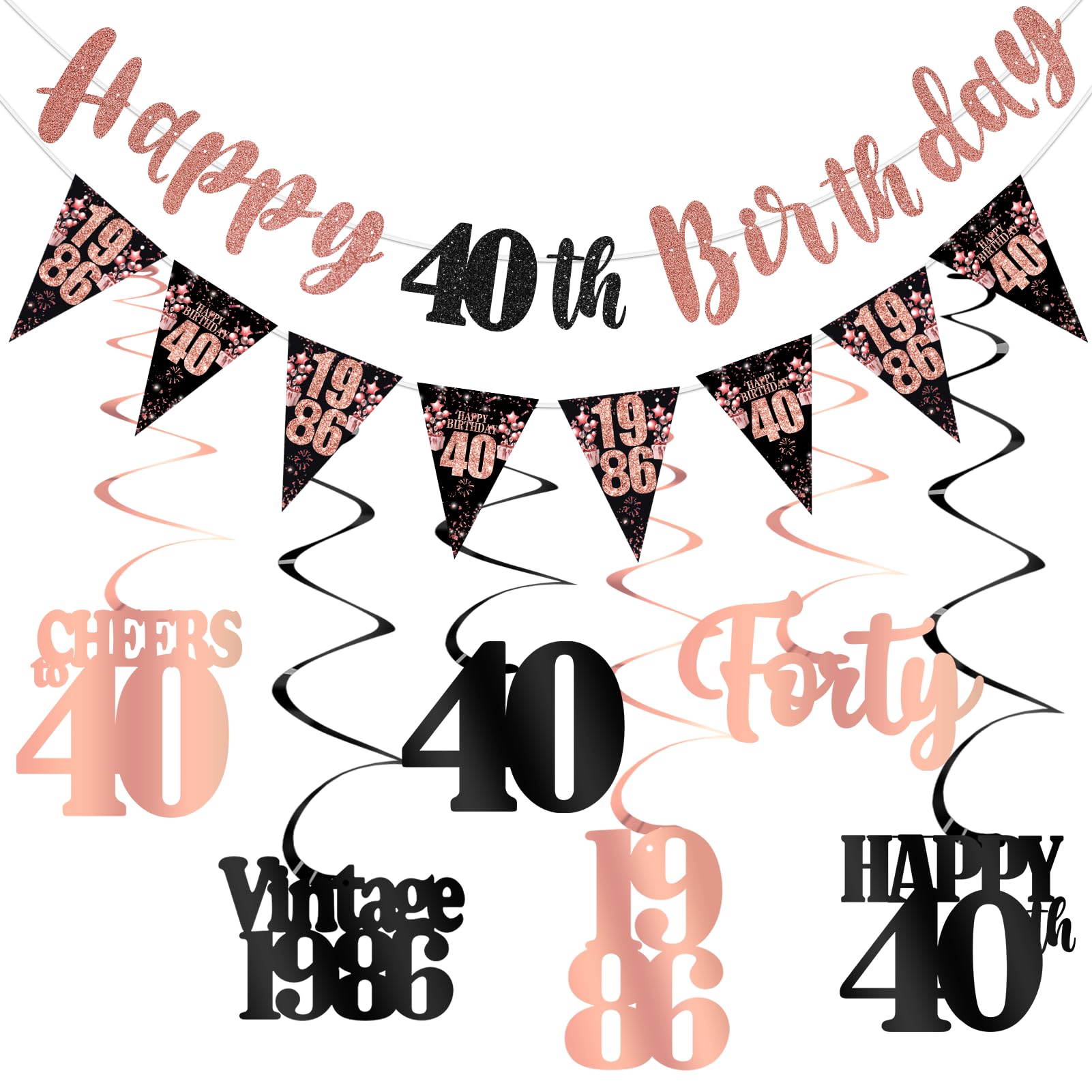 40th Birthday Decorations for Women, Black Rose Gold Happy 40th Birthday Banner Hanging Swirls Vintage 1986 Birthday Decorations Kit Cheers to 40