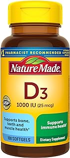 Nature Made Vitamin D3 1000 IU (25 mcg), Dietary Supplement for Bone, Teeth, Muscle and Immune Health Support, 100 Softgel...