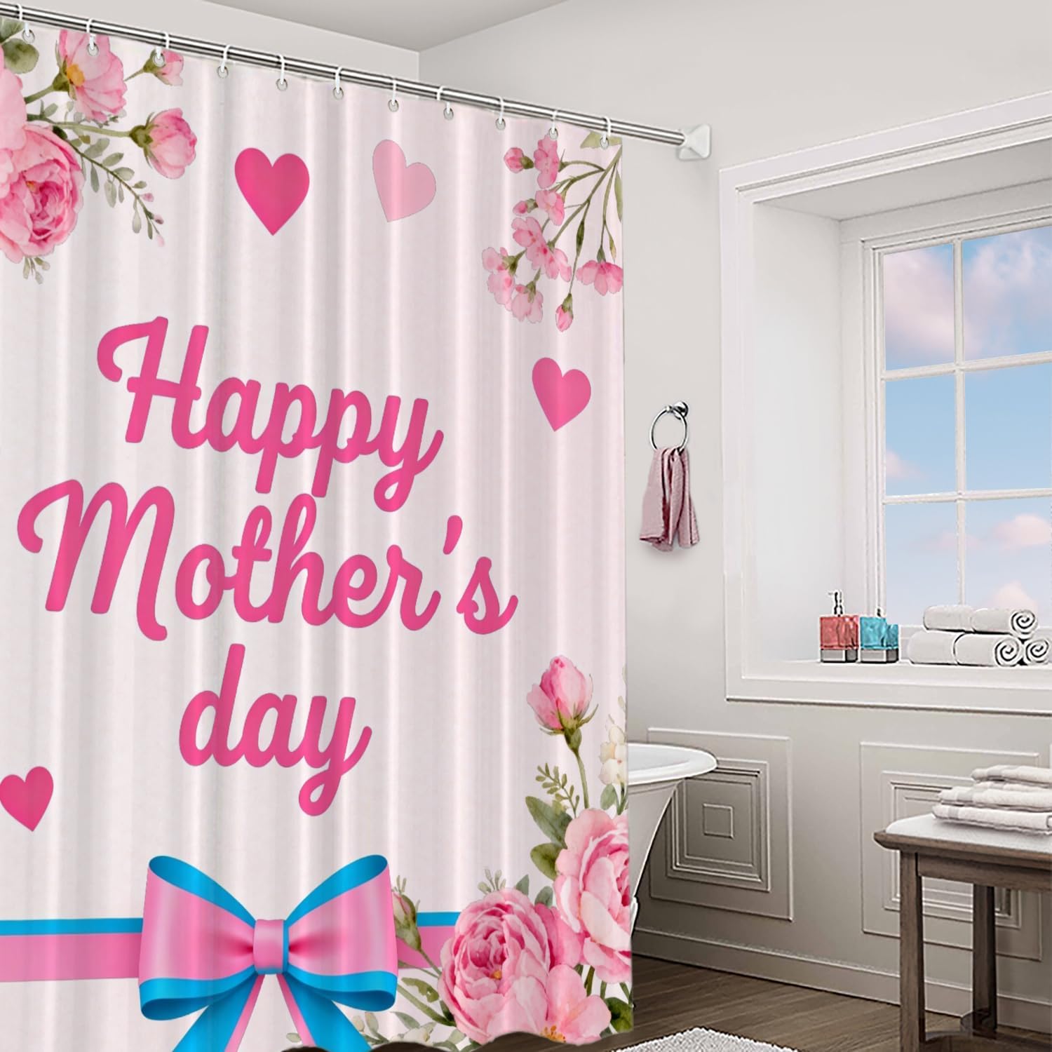 Happy Mother Day Decor Shower Curtain Set,Mother's Day Pink Carnations with Ribbon Polyester Shower Curtain for Shower Stall Bathroom Waterproof with 12 Hooks 72x72 Inch