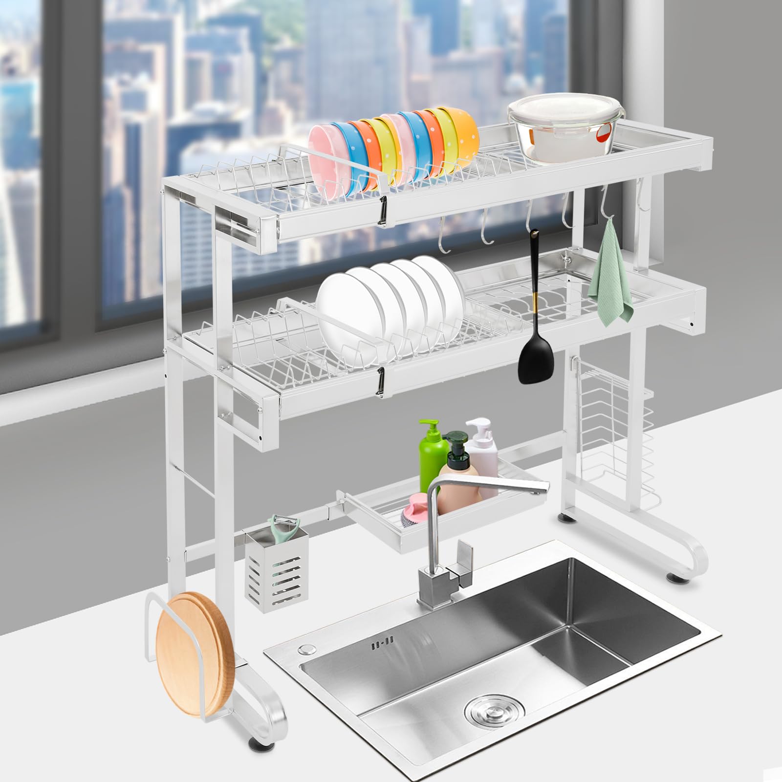 Escurreplatos de 29 x 78 cm, 2 niveles sobre el fregadero, escurridor de platos de acero inoxidable, organizador extensible sobre el fregadero de la cocina para guardar especias