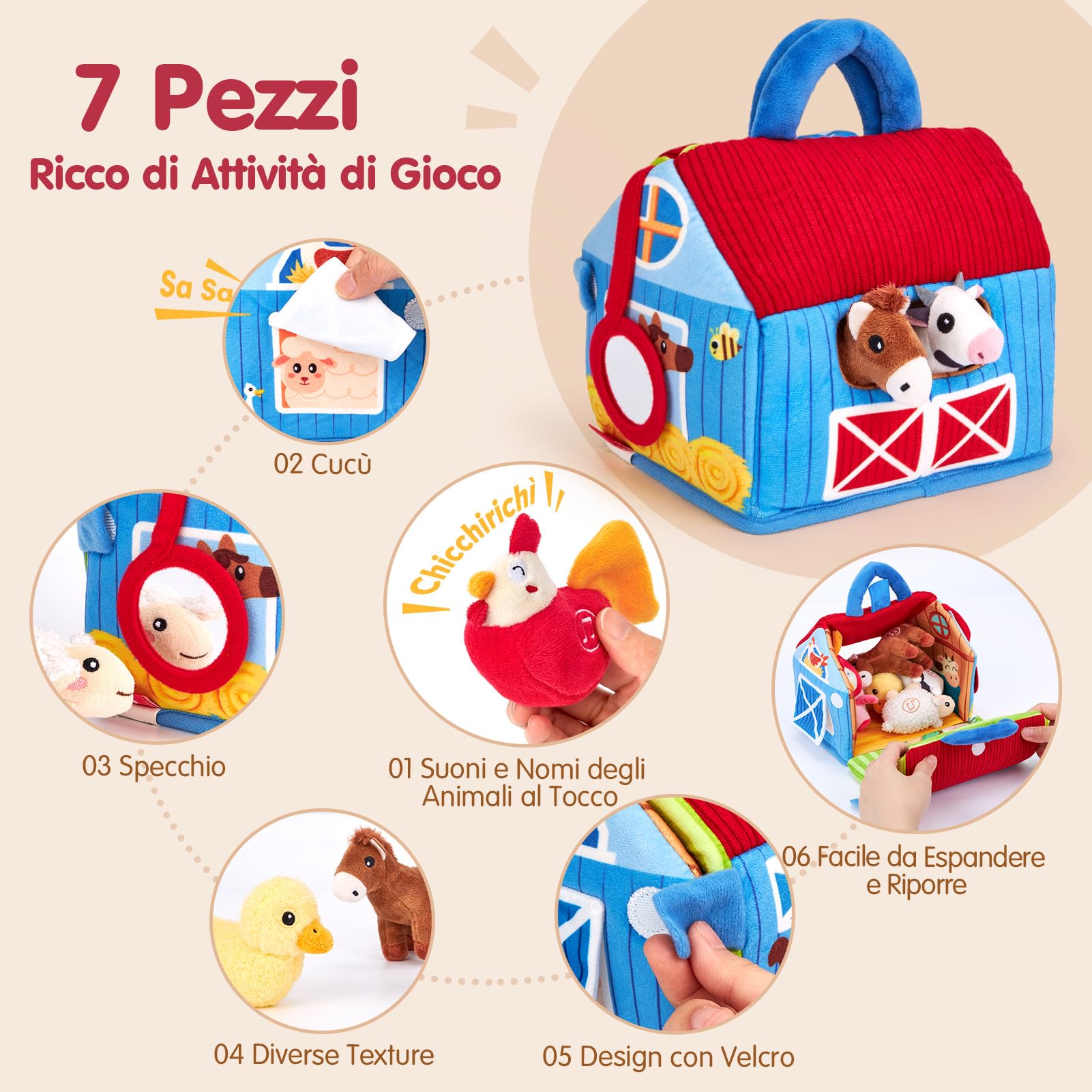 hahaland Giochi Bambini 1 Anno - Fattoria Sonora in Peluche, con 6 Animali Morbidi e Suoni Realistici, Gioco Educativo Bambino Montessori Sensoriale Regalo 6 12 18 Mesi