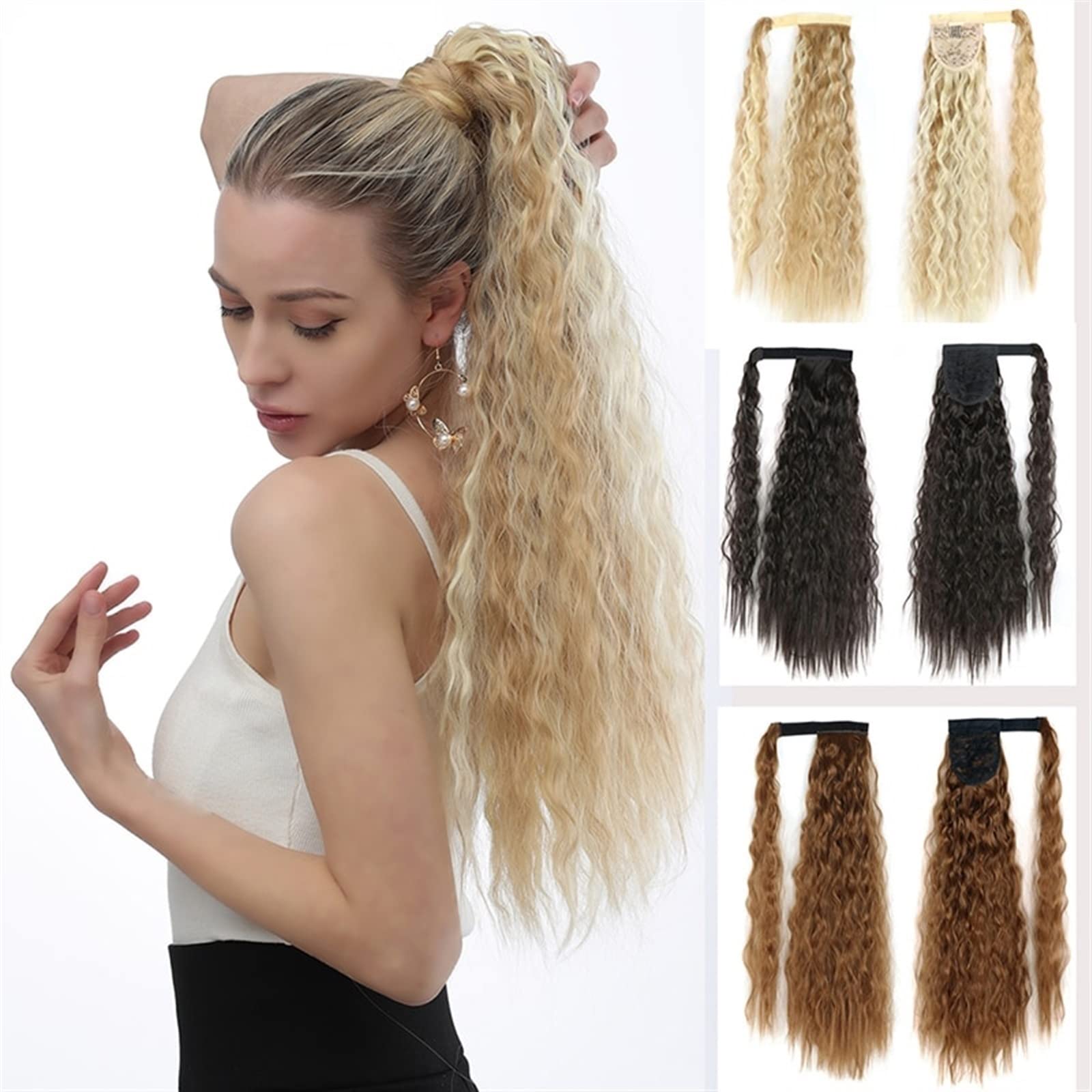 Messy Bun Stirnband 22 Zoll synthetische Mais gewellte lange Pferdeschwanz Perücke Wrap Haarspange Extensions Pferdeschwanz Haarknoten Damen Haarschmuck Haarknoten Unsichtbarer Haarknoten (Color : 60