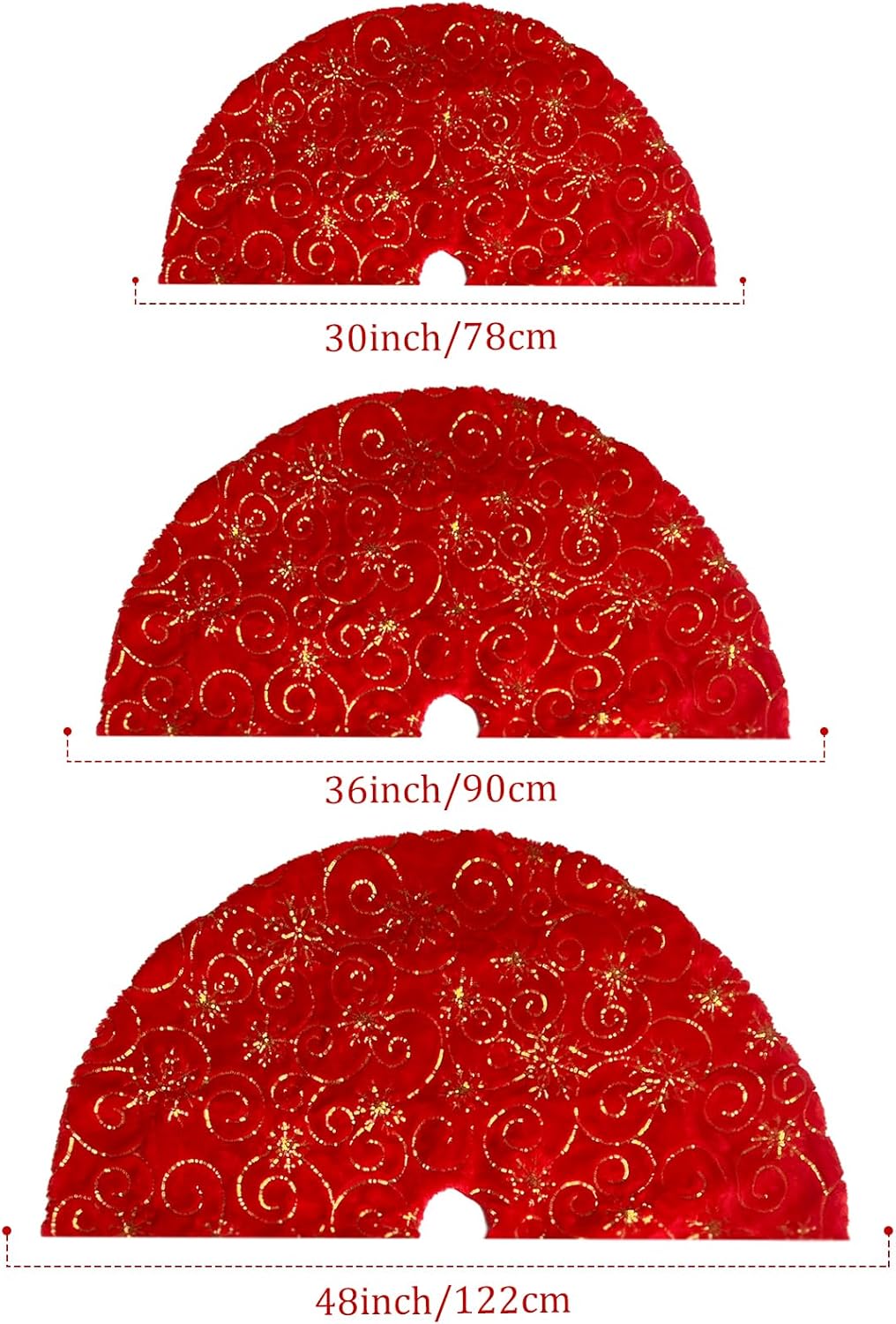 Red Plush Christmas Tree Skirt Large 48 inches Fur Christmas Tree Skirt with Gold Sequin Snowflakes Xmas Tree Skirt Mat for New Year Christmas Holiday Decorations - 122cm