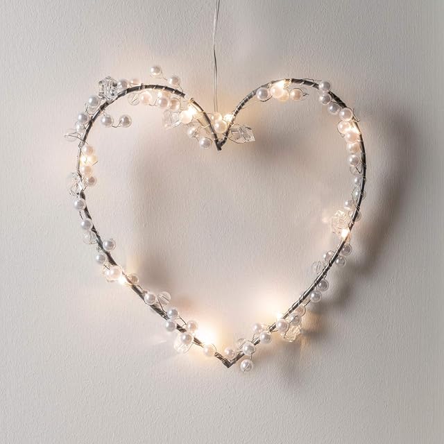 Lights4fun Pearl Light Up Heart Shaped Wreath Hanging Decoration Battery Operated with Timer 10 Warm White LEDs 18cm