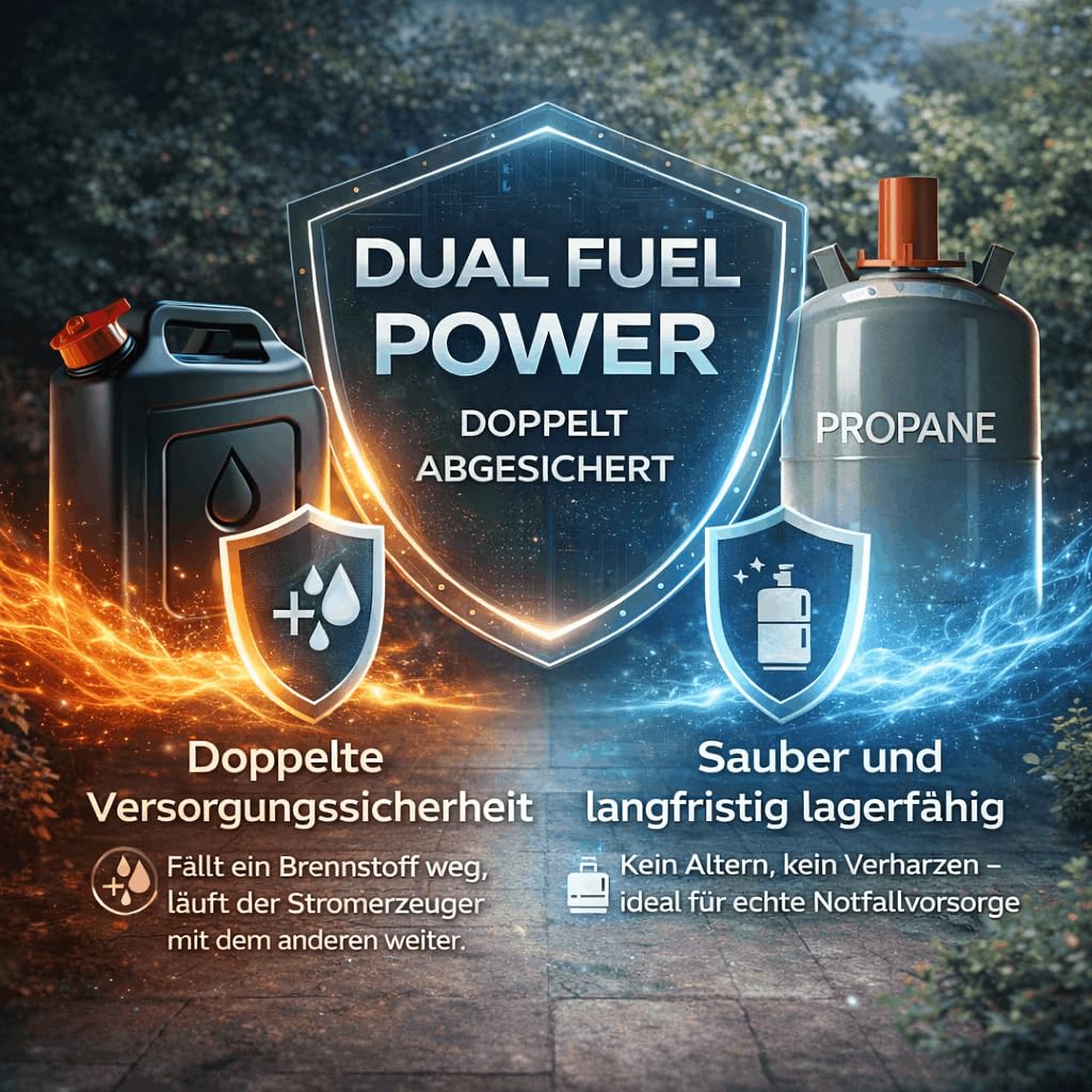 Dual Fuel Strom-Generator 10 kVA | KOMPLETT-SET – Benzin & Propangas Notstromaggregat 230/400 V – fahrbar inkl. 4er-Steckerleiste, Gasflasche & Zubehör