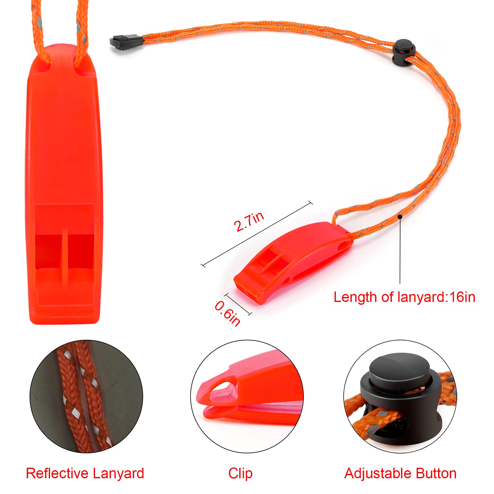 6 Fischietti Di Emergenza Ad Alta Frequenza Con Cordino Riflettente Regolabile E Clip - Arancione Fluorescente Per Outdoor