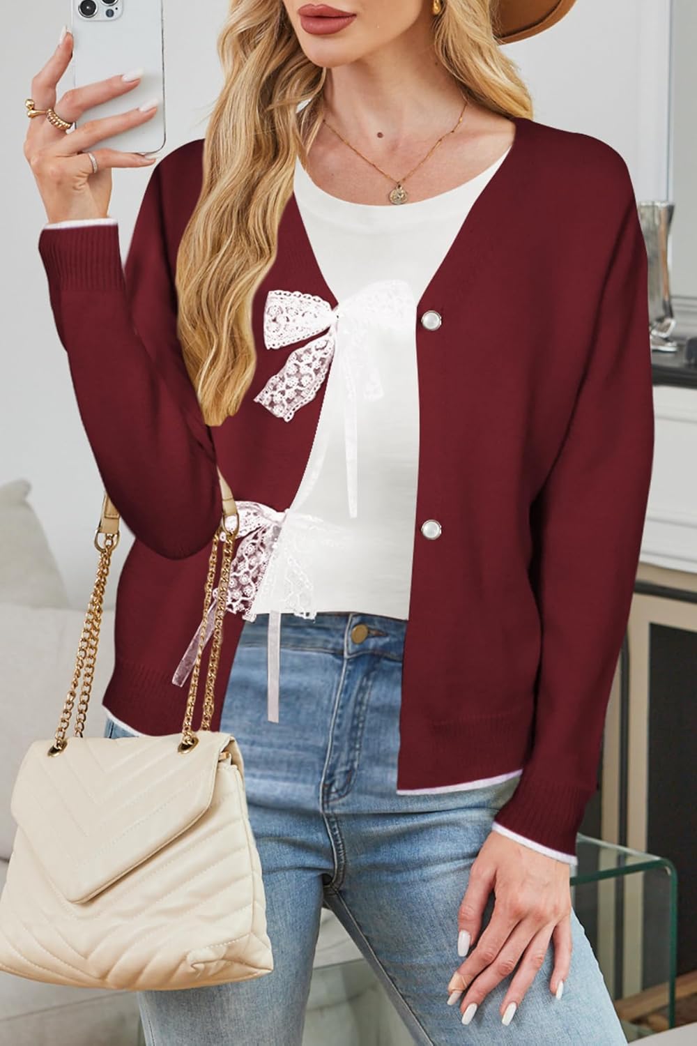 Cakulo Womens Bow Tie Sweater V Neck Cardigan Sweaters Lightweight Fall Fashion Knit Cardigans Winter Clothes 2025 Ruby XL - Image 7