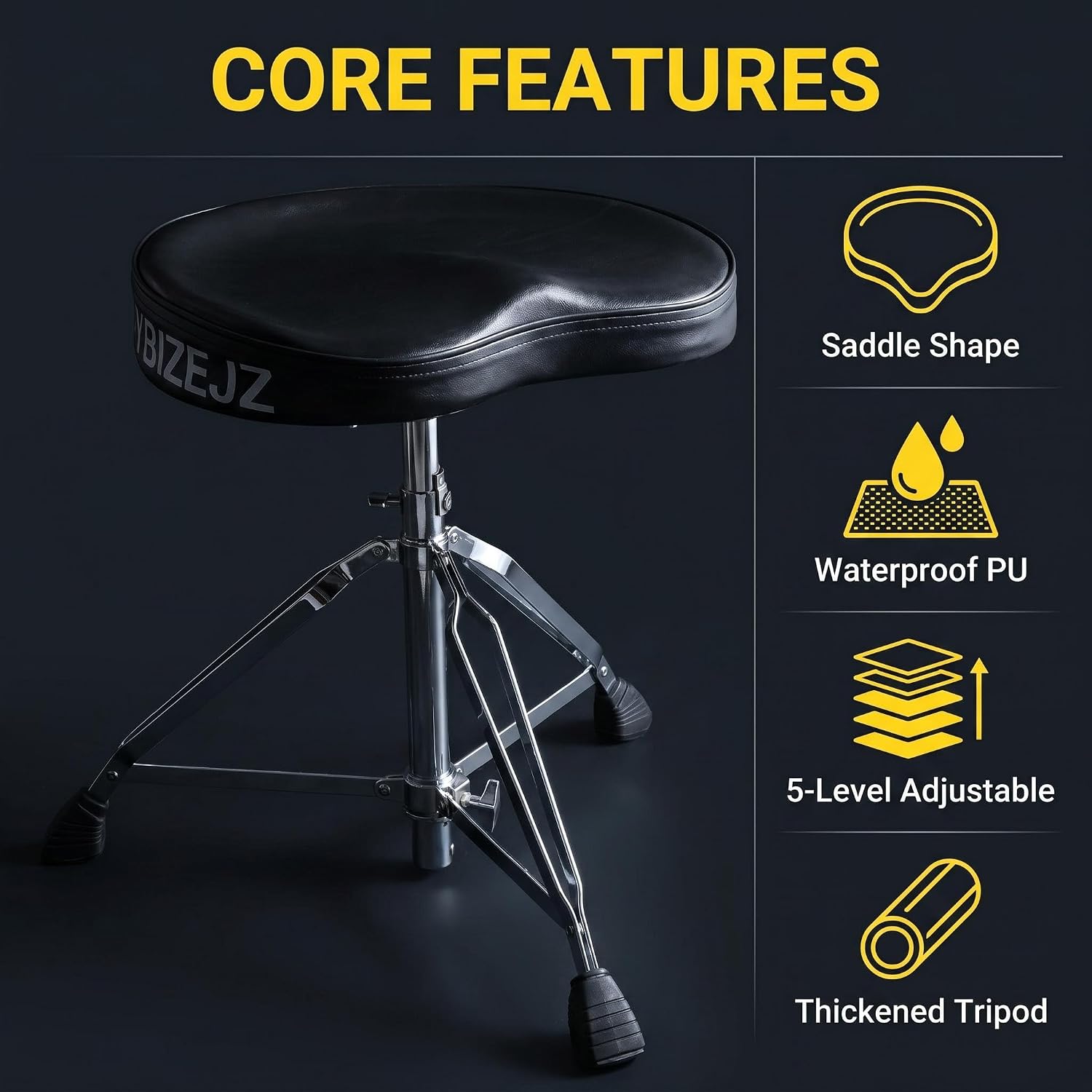 Drum Throne Saddle Thick Cushion （16x14 in）, 5-Level Height Adjustable Drum Stool （16-22 in）, Chrome Tripod Non-Slip Drum Chair, Drum Seat for Beginner/Pro with Drumsticks (Black) image 4