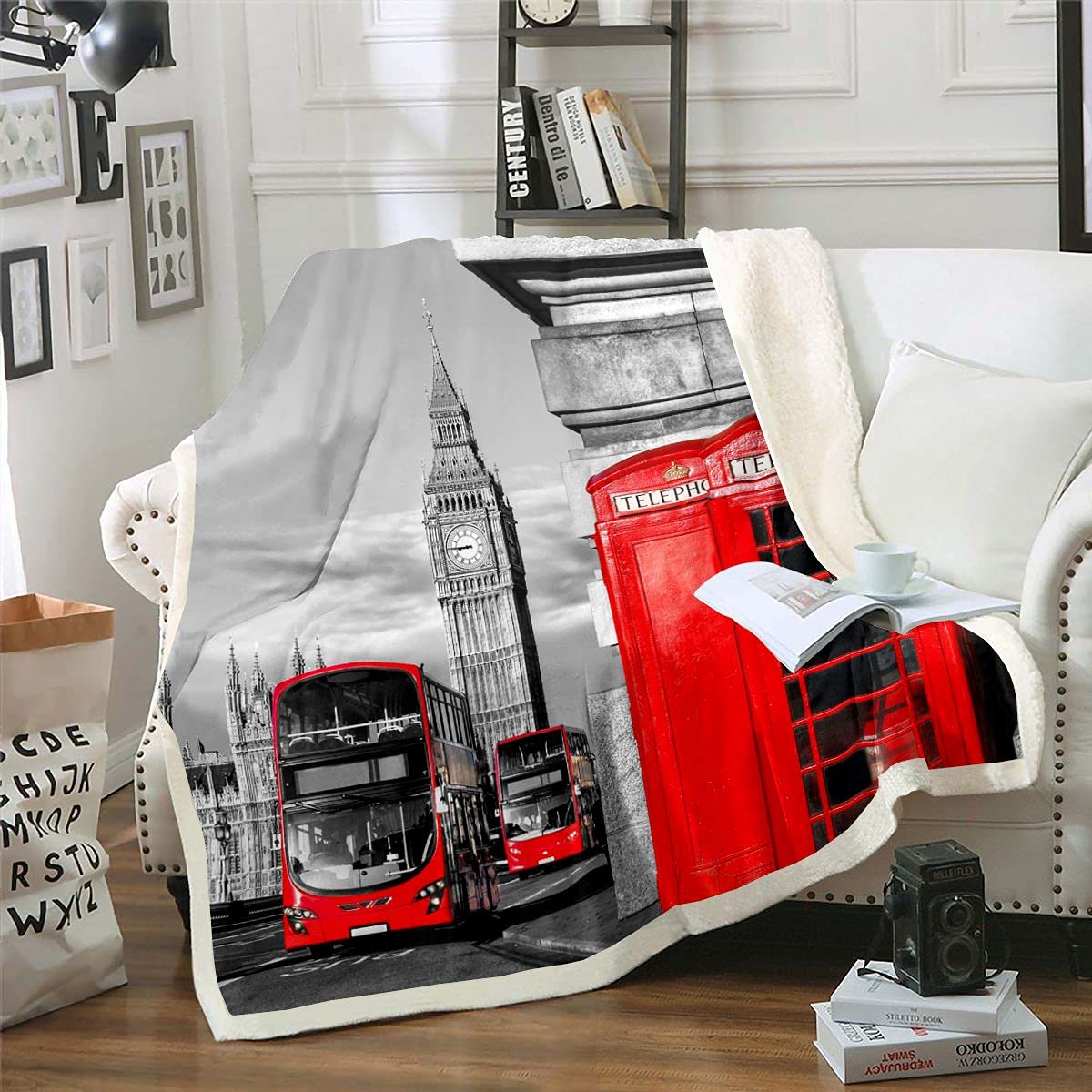 Homemissing London Sherpa Blanket Kids Red Telephone Booth Fleece Throw Blanket Romantic City Scenery Old Street Big Ben Vintage Retro Fuzzy For Sofa Bed,Single 50x60 Inch