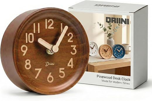 Driini Wooden Analog Desktop Clock – 4 . 3 in. Decorative Pinewood, No Tick Design – Easy to Read Silent Driini Wooden Analog Desktop Clock – 4.3 in. Decorative Pinewood, No-Tick Design – Easy to Read Silent Sweep Mantle Clock – Quiet Tabletop Clocks with Wood Body, Hands, & Battery Cover; Dark