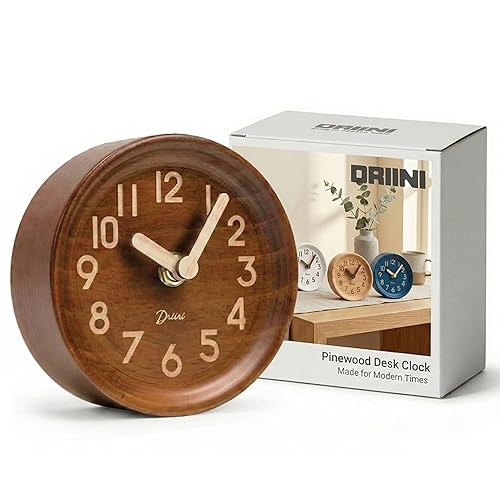 Driini Wooden Analog Desktop Clock – 4.3 in. Decorative Pinewood,