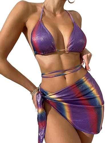YAUASOPA Women's Festival Rave Outfits Metallic Bikini Sets Thong Bathing Suit Beach Skirt 3 Piece Triangle Swimsuits - Large - Purple