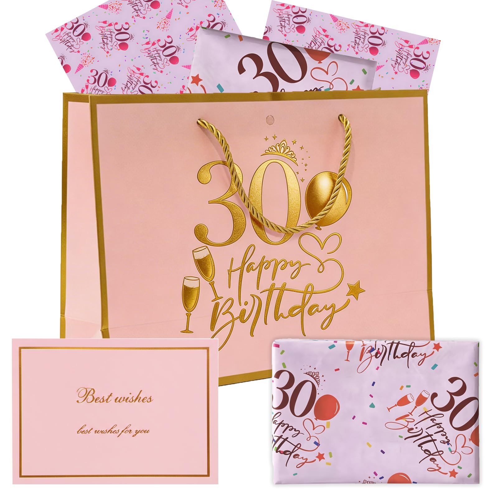 30th Birthday Gift Bag with Card & Wrapping Paper, Pink Gold Foil Keepsake Present Bags for Girls Her Best Wishes, Elegant 30 Year Old Anniversary Party Christmas Decorations Supplies