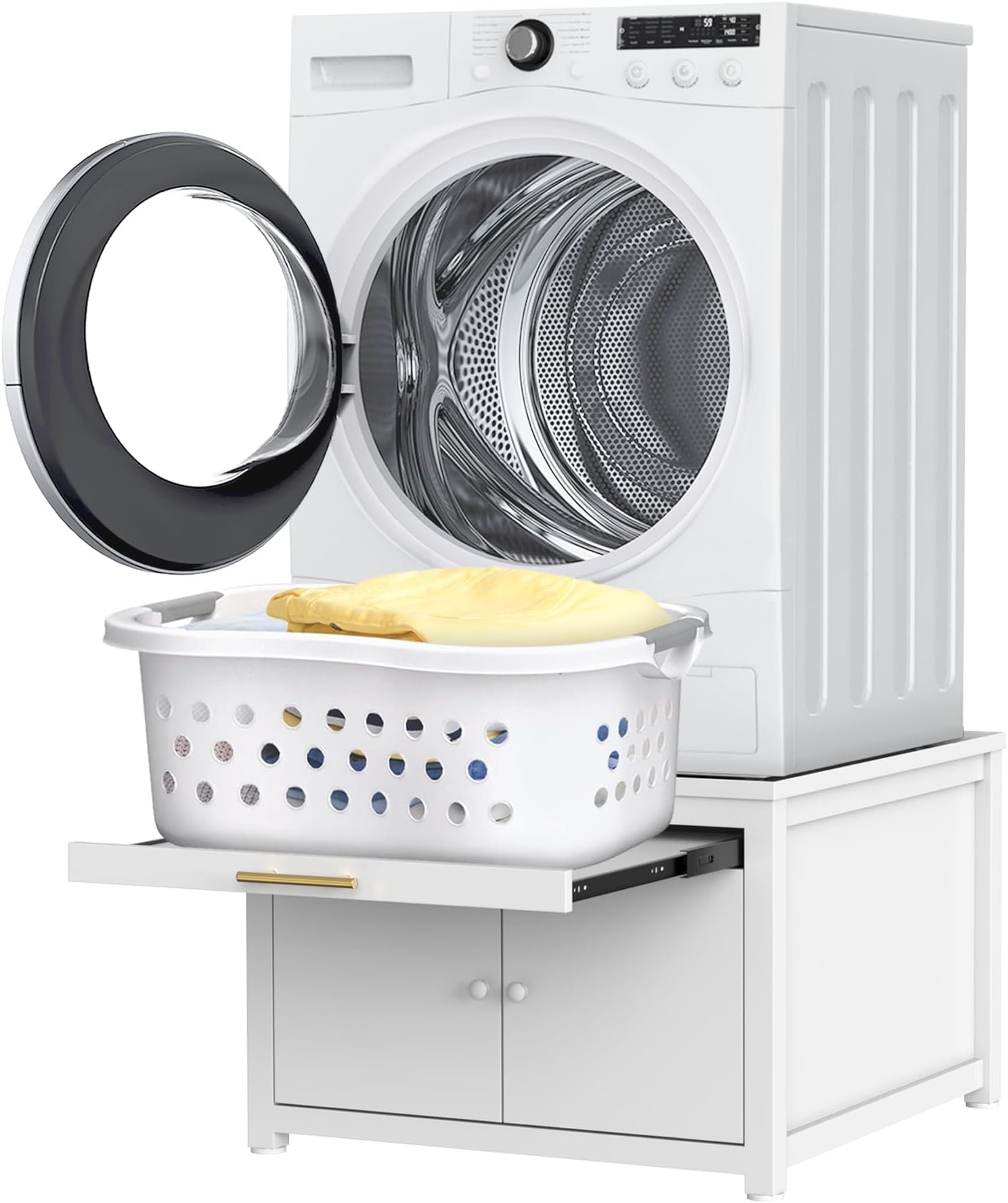 GDLF Laundry Pedestal Heavy Duty Metal Washer and Dryer Stand 29" Universal Fit Anti-Vibration Washing Machine Stand with Laundry Basket Shelf and Built-in Drain Pan + Hose,770 LBS Capacity,White