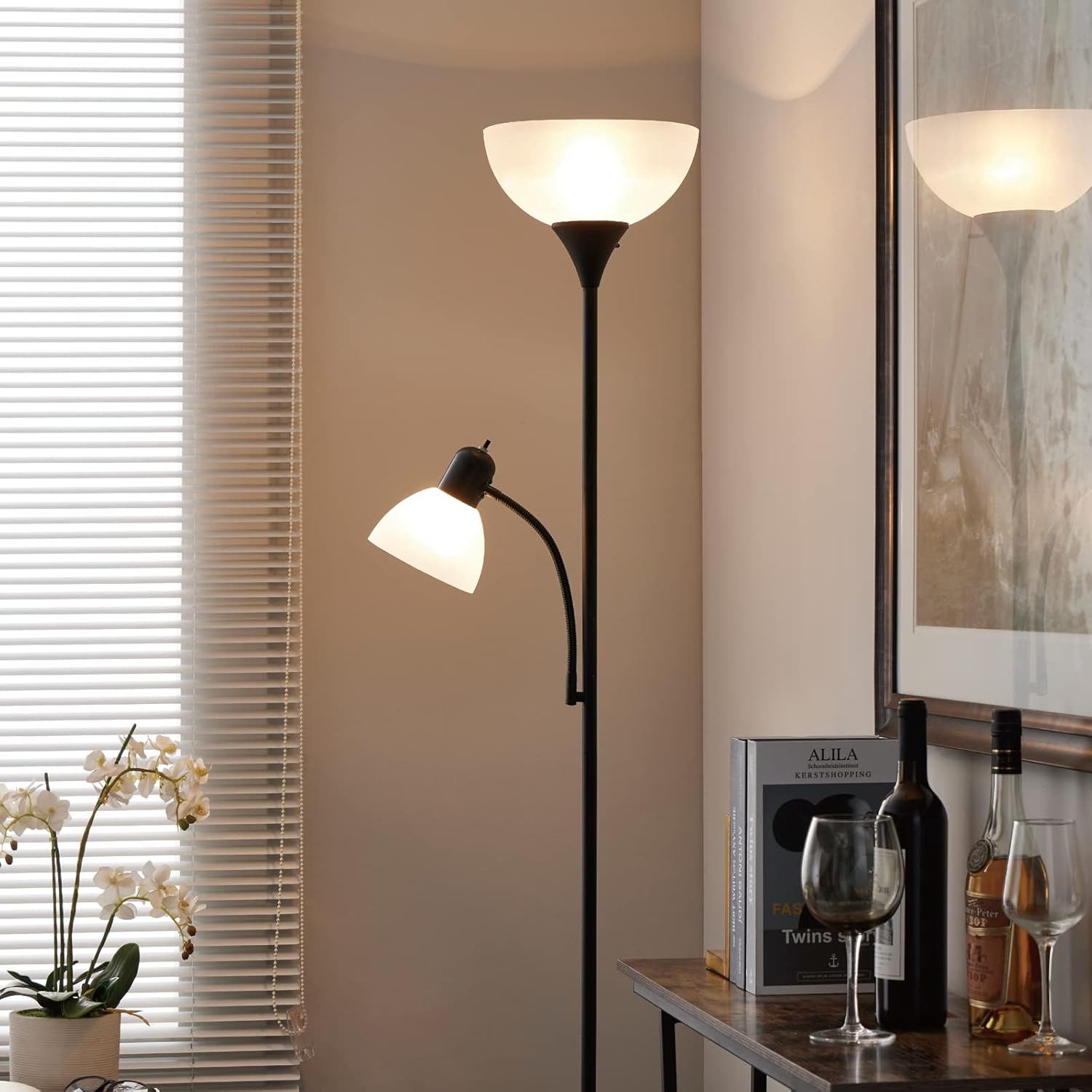 HonoDing Adjustable Black Floor Lamp with Reading Light Susan Modern Standing Lamp for Living Room/Office Lamps 72" Tall - 150-watt with Side Reading Light Corner Lamps (Black)