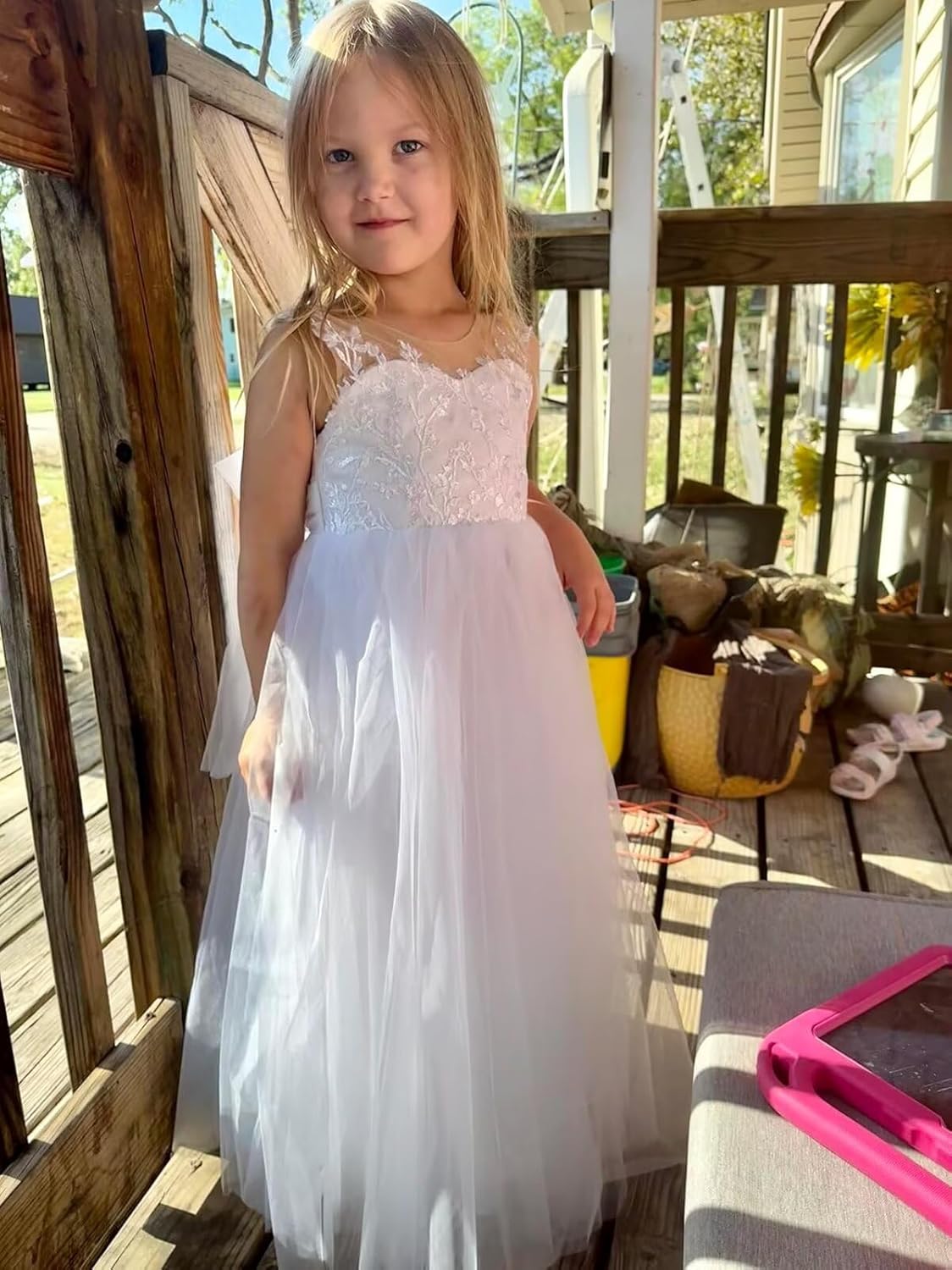 Lace Applique Tulle Flower Girl Dress for Wedding Sleeveless Long Satin Bow Knot V-Back Elegant Formal Dresses - Image 7