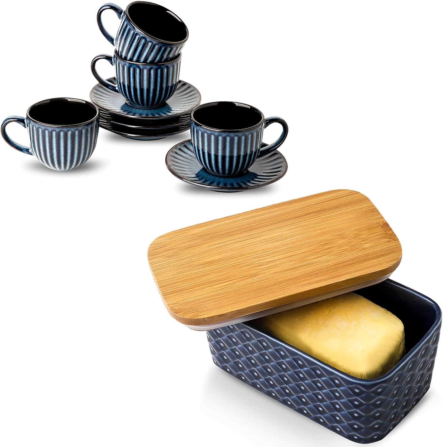 Hasense 5 Piece Butter Dish with Lid, 6 Oz Cappuccino Cups Set of 4, Navy Blue