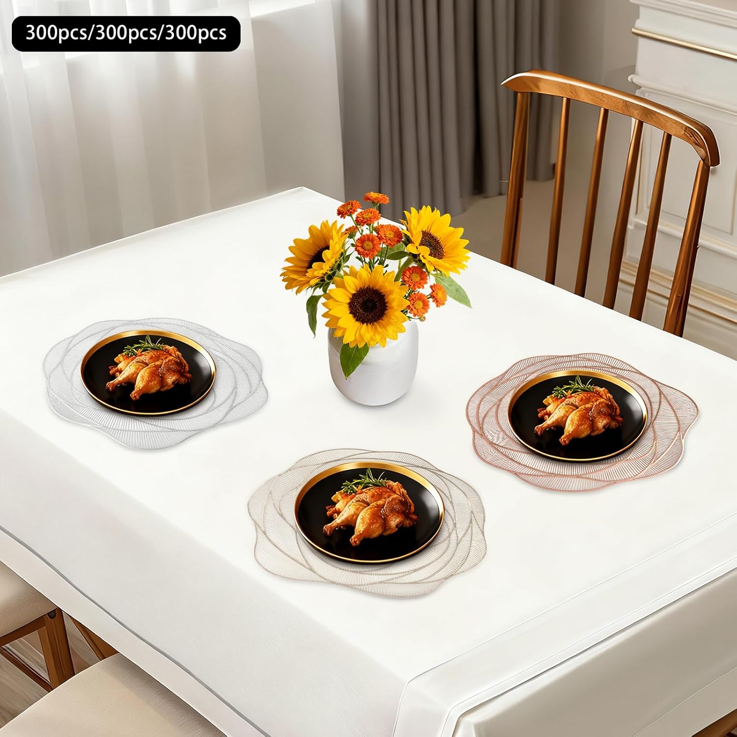 300PCS Placemats,PVC Rose Placemat,14.96 Inches Doilies for Dining Table,Leaf Dinning Kitchen Table Mats Decorations Setting for Homes, Hotels, Weddings (Silver)