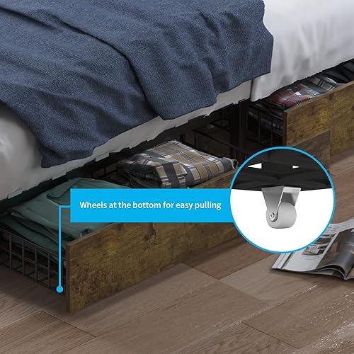 Miniatura 5 de Mjkone Marco de cama tamaño King con almacenamiento, marco de cama de madera con cabecero, marco de cama de plataforma vintage con 4 cajones, no