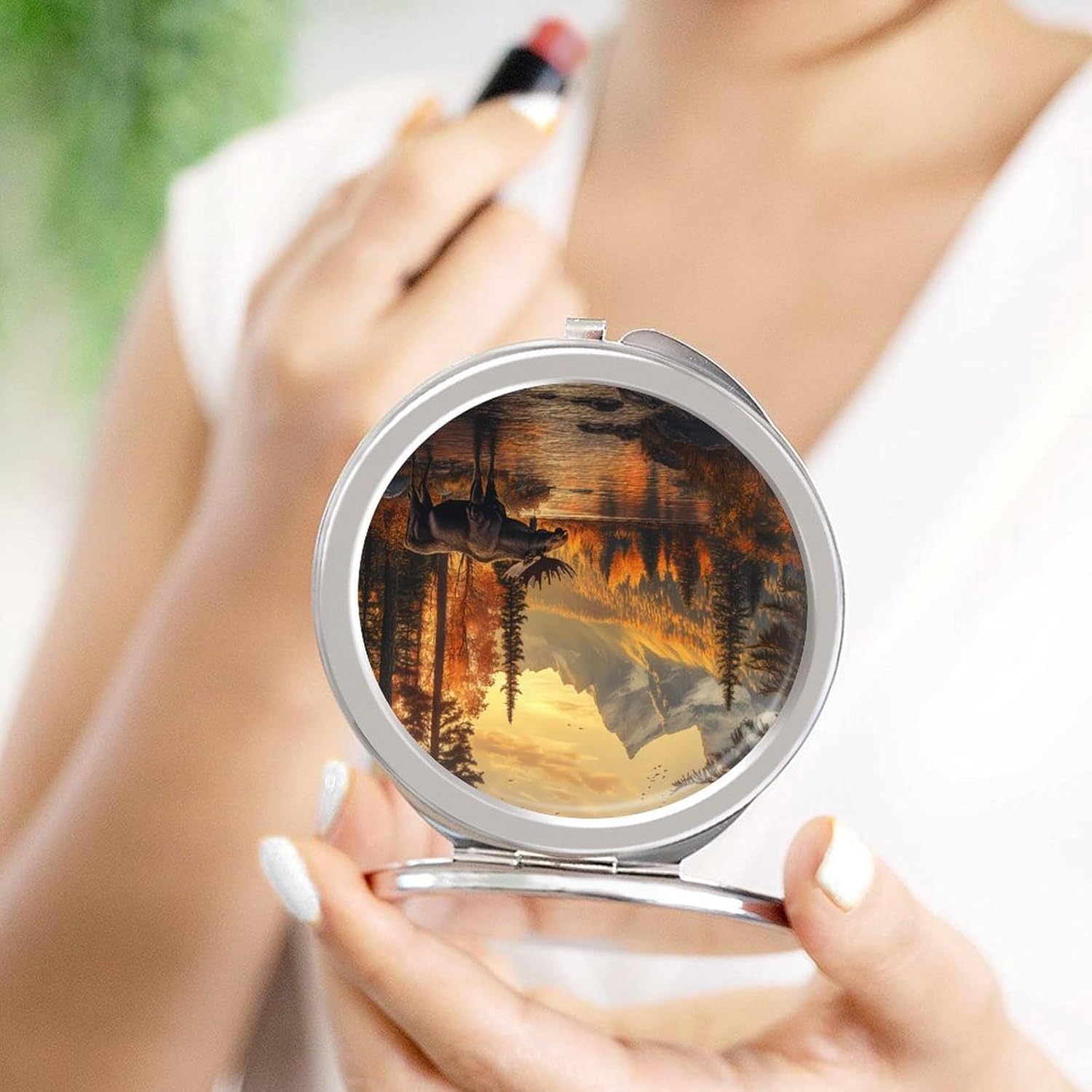 Moose in The River Compact Makeup Mirror Mini Foldable Cosmetic Mirror Portable Travel Mirror for Purse Pocket