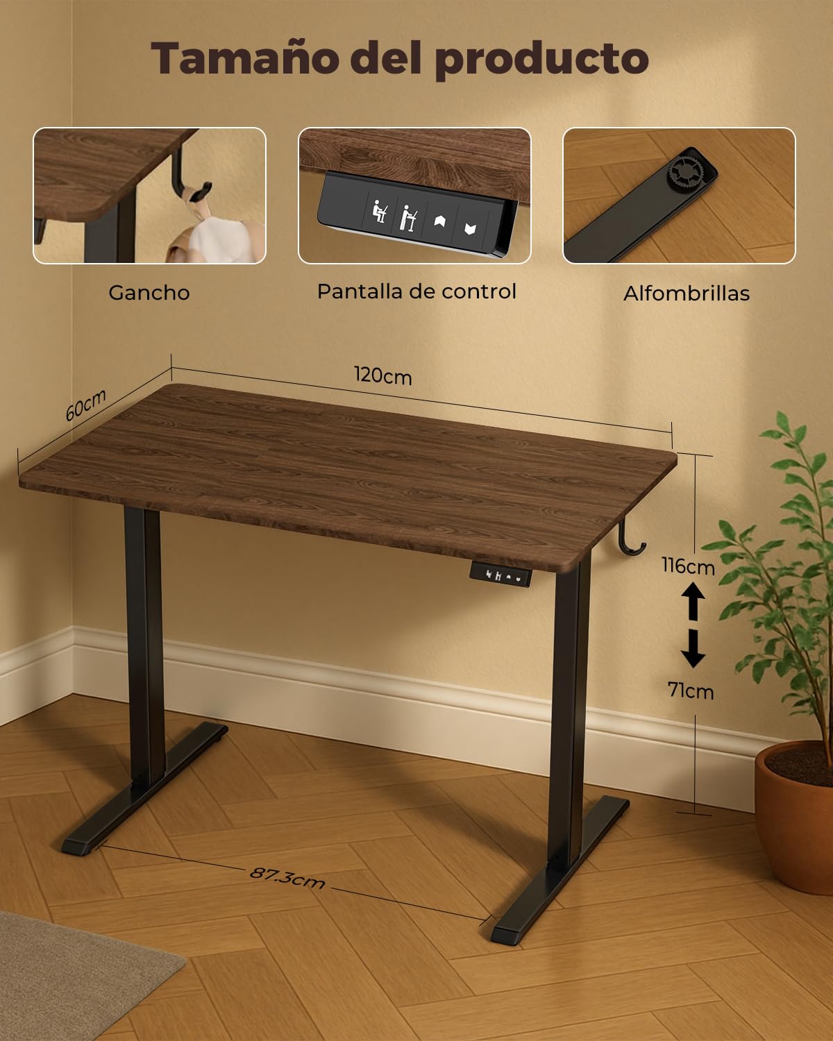 Escritorio Elevable Eléctrico, Mesa de Trabajo Ajustable en Altura, Mesa de Oficina en Casa con Tablero Ensamblado, 120 x 60 cm, para Trabajo, Redacción, Juegos