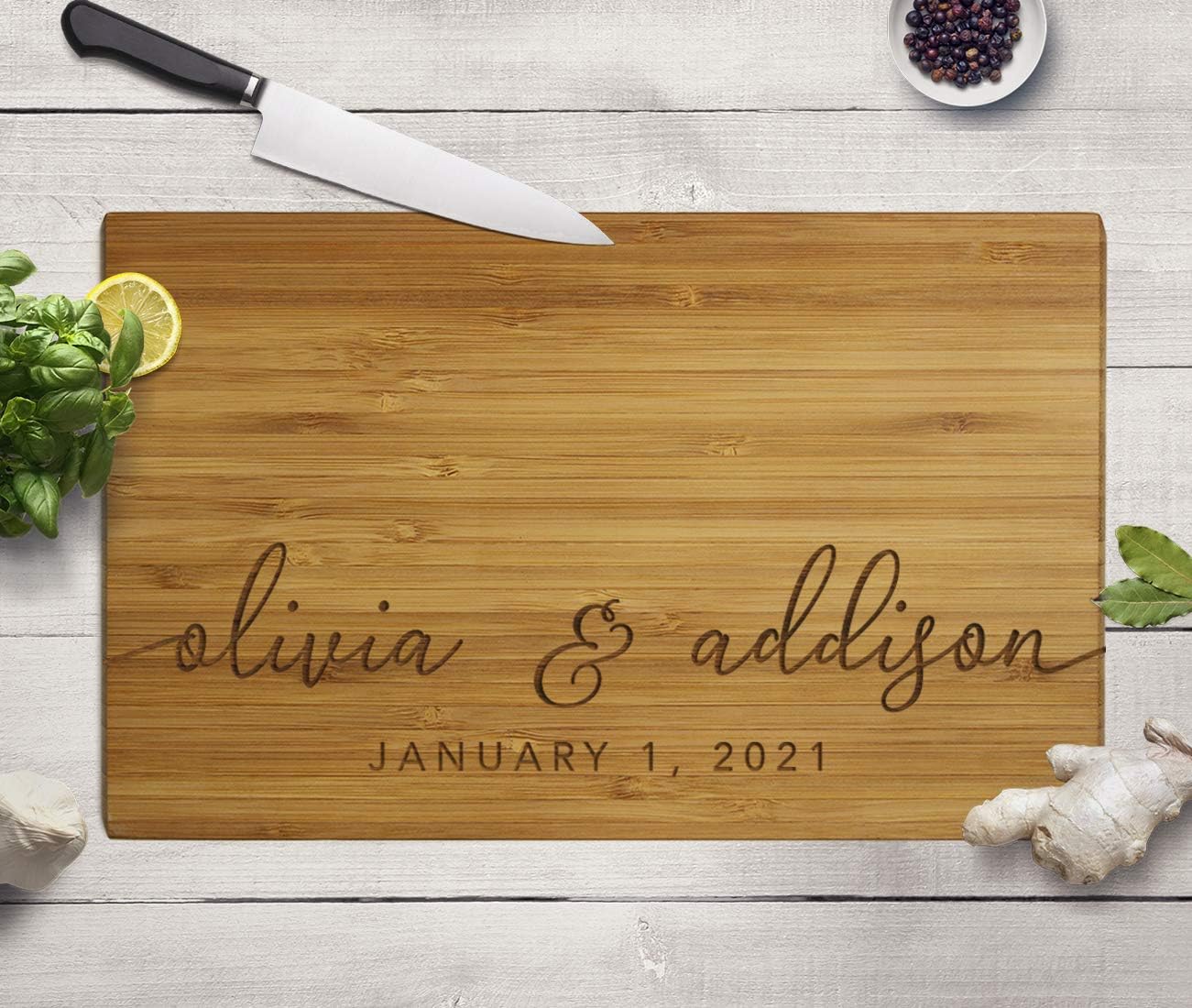 Andaz Press Personalized Large Bamboo Wood Cutting Board Gift, 17.75 x 11-inch, Modern Farmhouse, Names and Date, 1-Pack, Custom Newlyweds Engraved Serving BBQ Chopping Board Christmas