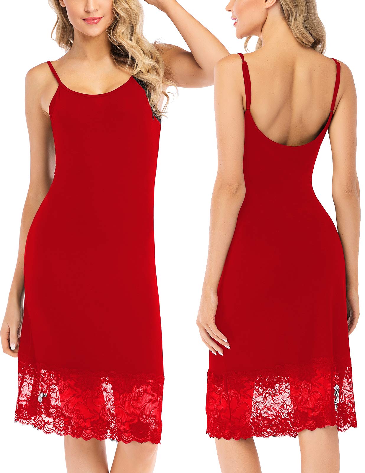 RubehoowWomen's Full Slip Adjustable Spaghetti Staps Basic Underskirt Slinky Lace Tirm Camisole Nightdress for UK 6-22
