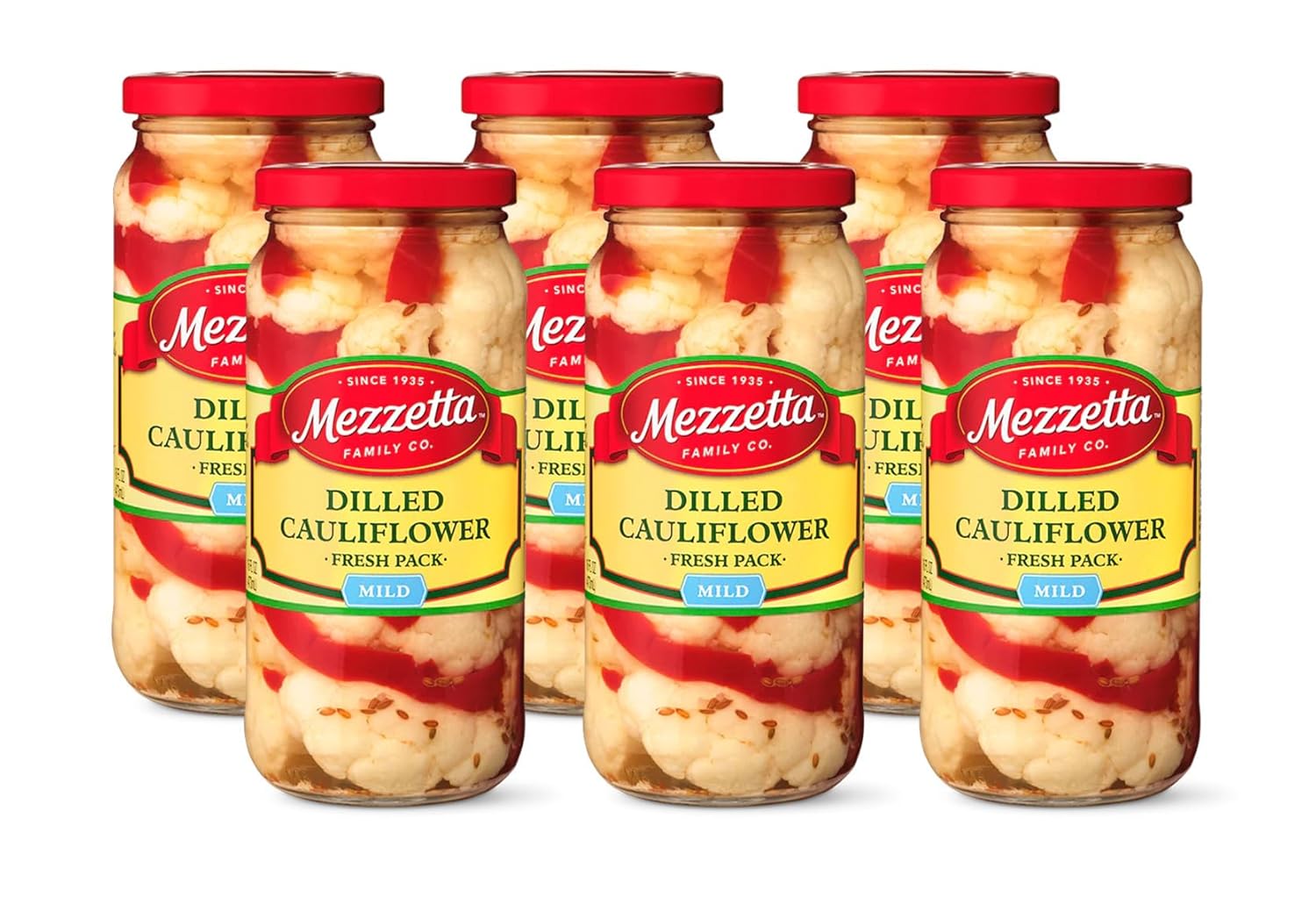 Mezzetta Dilled Cauliflower Fresh Pack Mild - California Pickled Snack, Vinegar Dill Infused, Giardiniera Style for Burgers Sandwiches, Healthy 16oz Jar Pack of 6