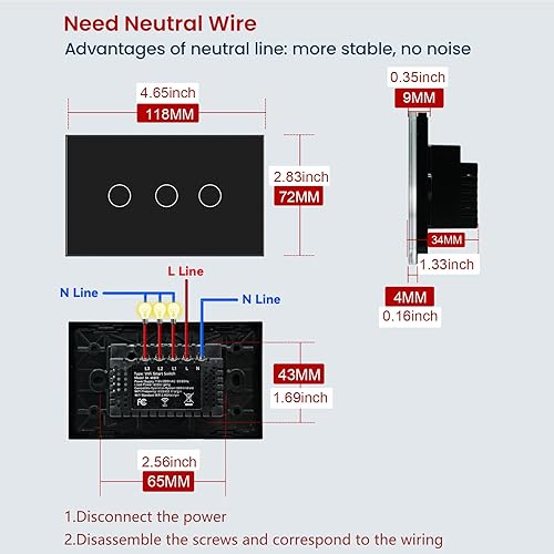 Miniatura 2 de Interruptor de luz inteligente de 4.646 x 2.835 x 1.339 in, necesita cable neutro, WiFi de 2.4 GHz, interruptor inteligente certificado por la FCC