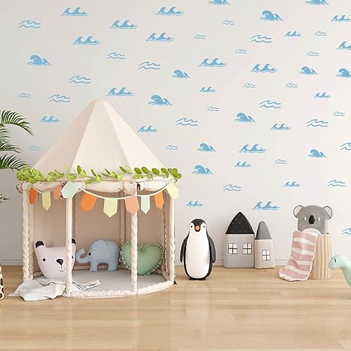 62 calcomanías de pared con ondas azules del océano, calcomanías de pared de vinilo removibles para bañera con ondas de agua para baño, sala de