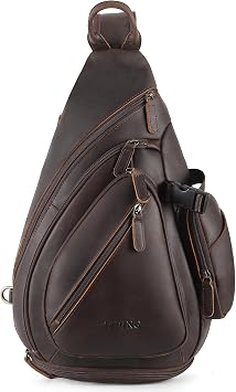 TIDING Full Grain Leather Sling Chest Bag for Men Large Crossbody Shoulder Bag Casual Hiking Daypack Fits 11" Tablet