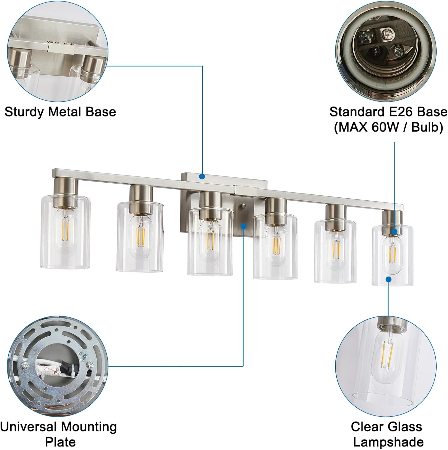 6 Light Bathroom Light Fixtures, Bathroom Vanity Light with Clear Glass, Brushed Nickel Bathroom Lighting Fixtures over Mirror, Large Vanity Lights for Bathroom, Vanity Lights for Mirror, Wall Sconce