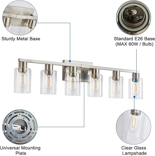 Miniatura 8 de 6 lámparas de baño, lámpara de tocador de baño con vidrio transparente, accesorios de iluminación de baño de níquel cepillado sobre espejo, luces de