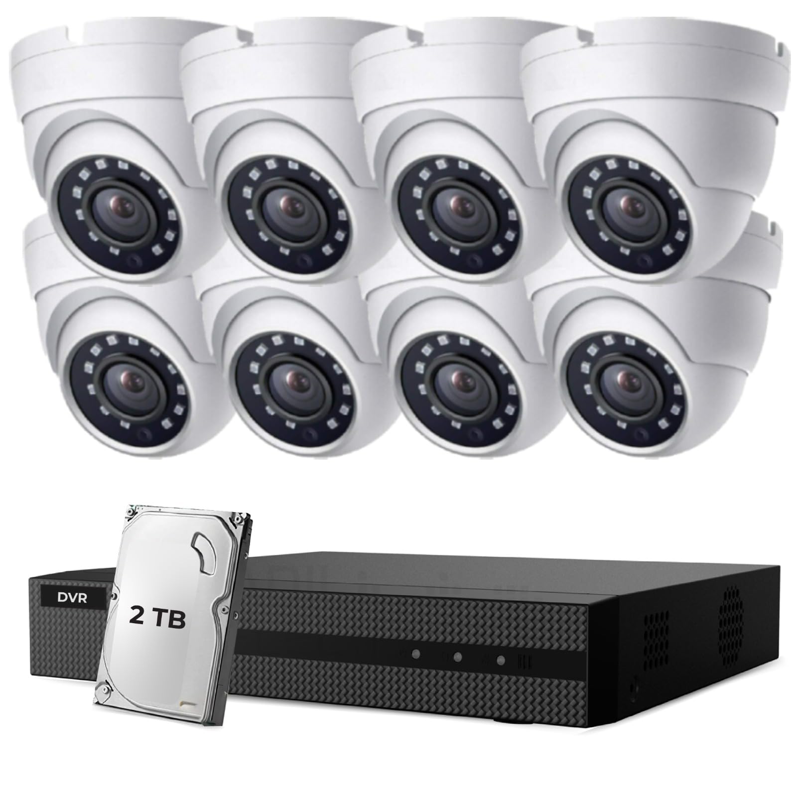 HiZone Pro8CH 1080P Security Camera System with Hard Drive 2TB, H.265+ 8 Channel DVR Recorder and Weatherproof CCTV Dome Cameras Indoor Outdoor, 80ft Night Vision (8Camera(White)+2TB)