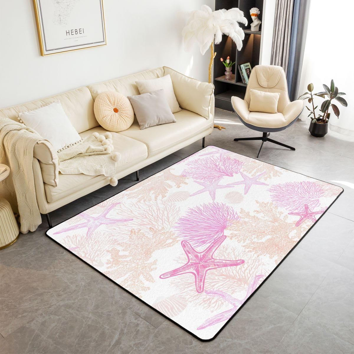Kids Nautical Coastal Indoor Floor Mat Beach Ocean Theme Area Rug 5x7 for Boys Girls Teens Bedroom Decor Summer Tropical Seashell Starfish Coral Decor Carpet Pink Breathable Soft Microfiber